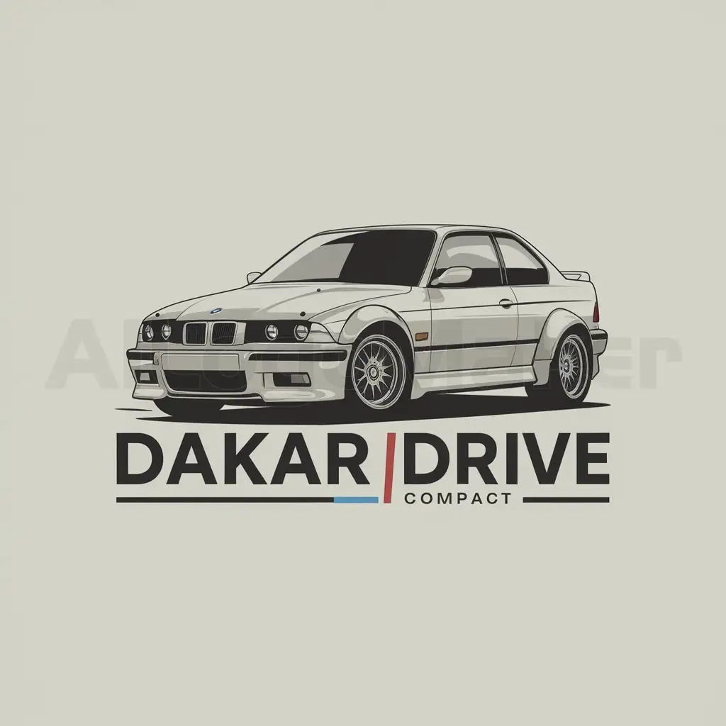 a logo design,with the text "BMW DAKAR DRIVE", main symbol:auto bmw e36 323ti compact con fendersflears,Moderate,clear background