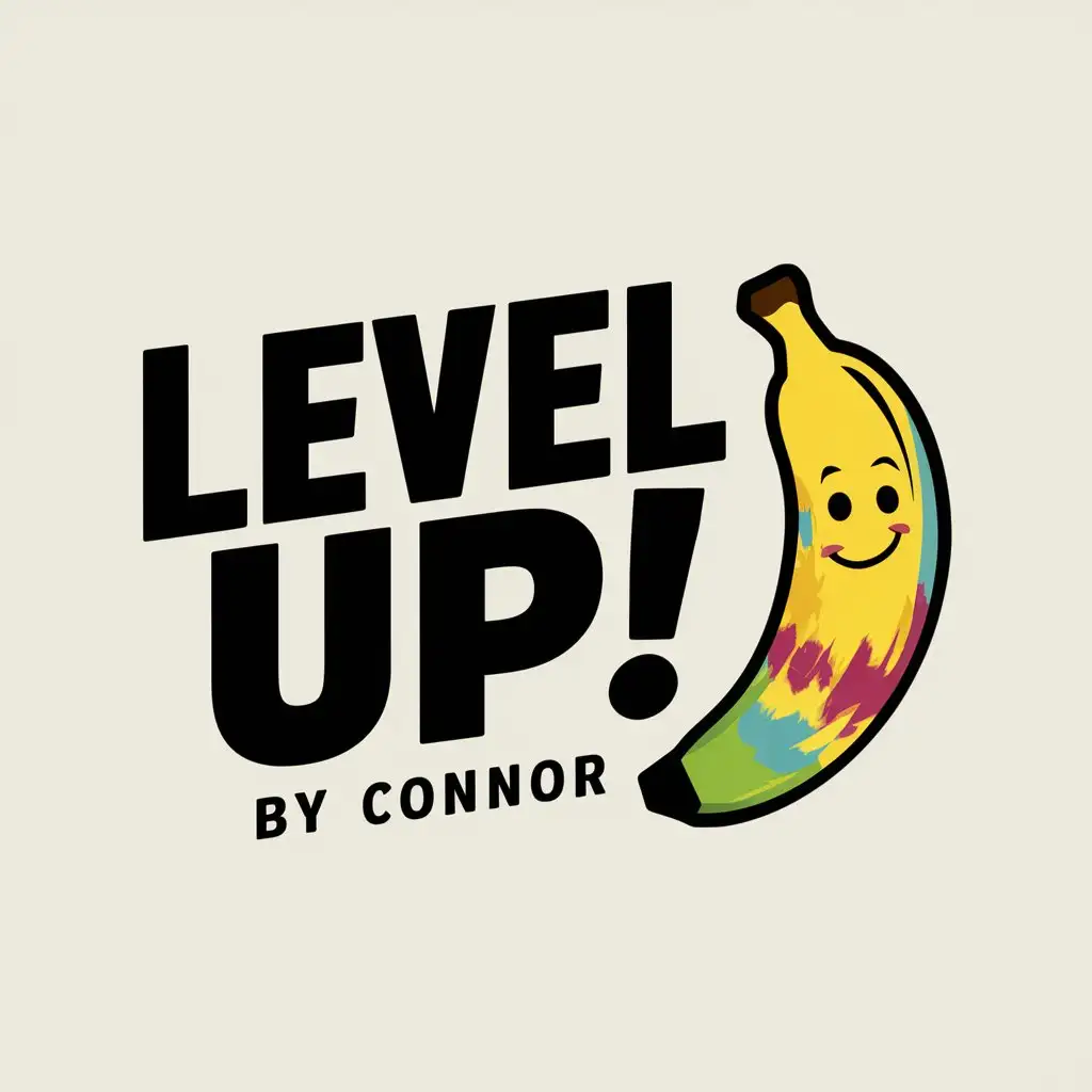 a logo design,with the text "Level Up! by Connor", main symbol:Banana with tie dye,Moderate,clear background