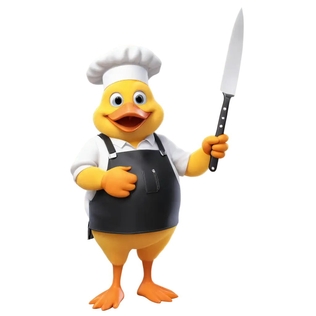 A chubby and tall chef duck, wearing an leather apron and a black polo shirt, holding a big fork in one hand and a big knife in the other hand 