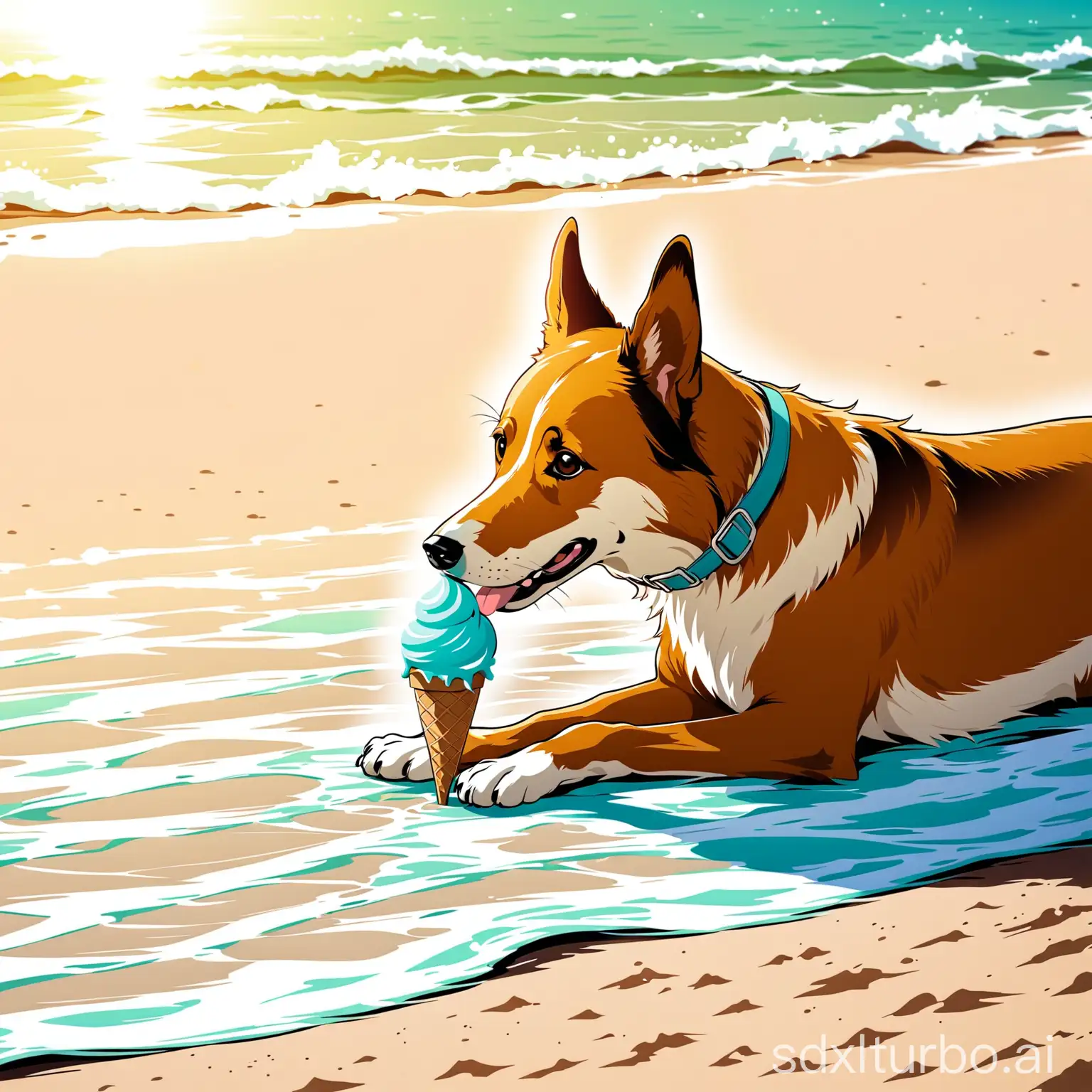 A dog eating ice cream on the beach