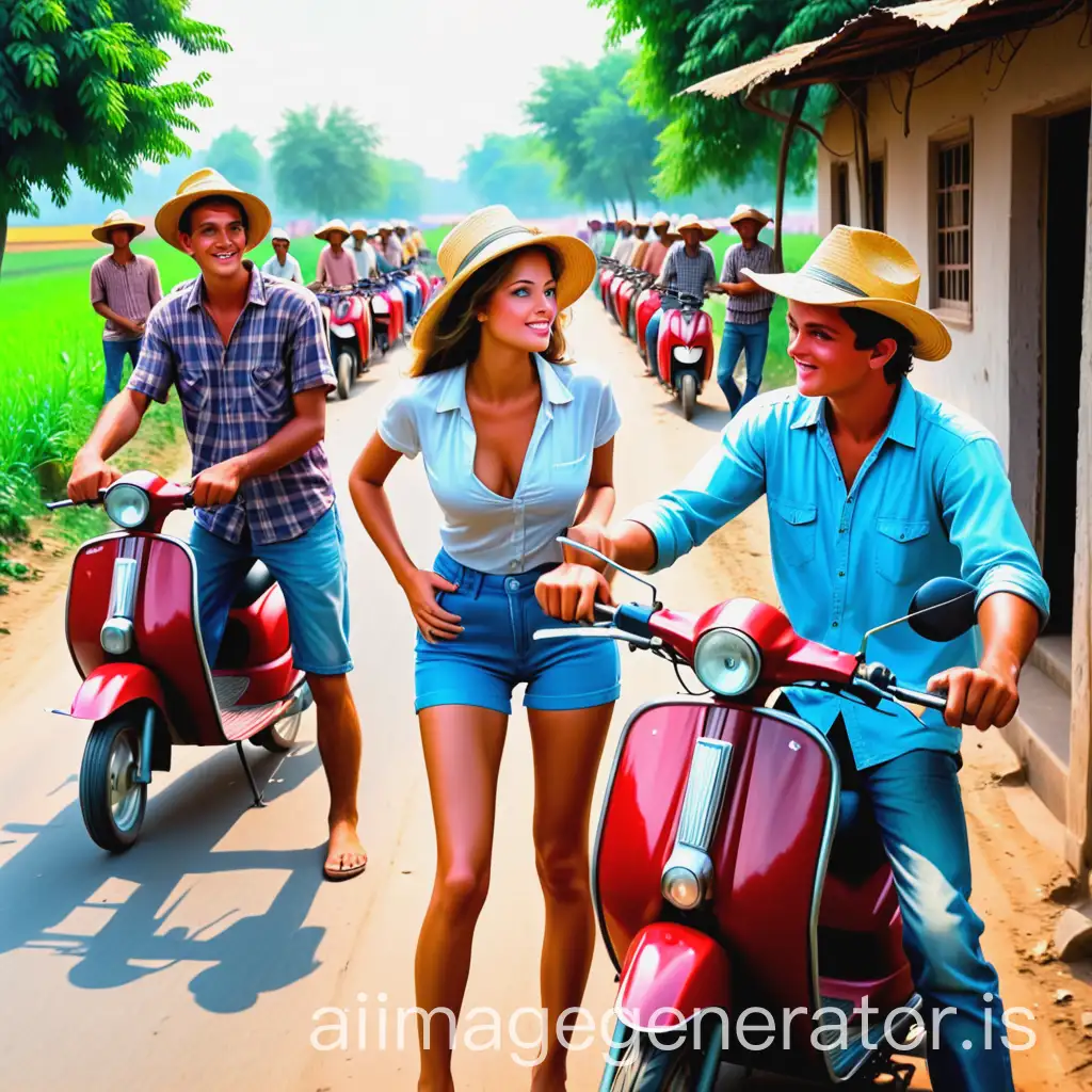Farmers boys watch mopeds with beautiful womans