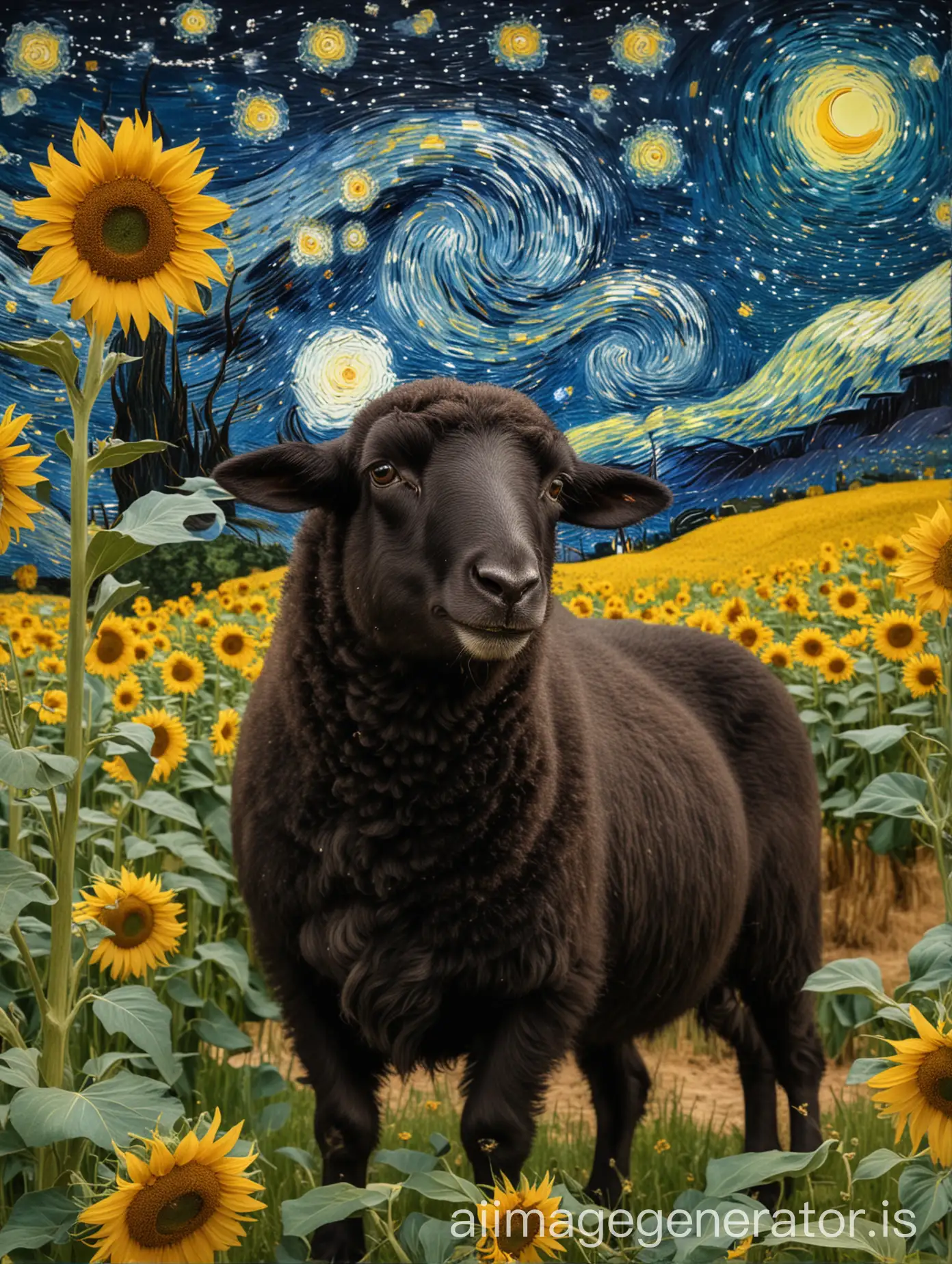 Van Gogh's Starry Night as the sky photo and a field with 5 black face sheep in the foreground along with sunflowers