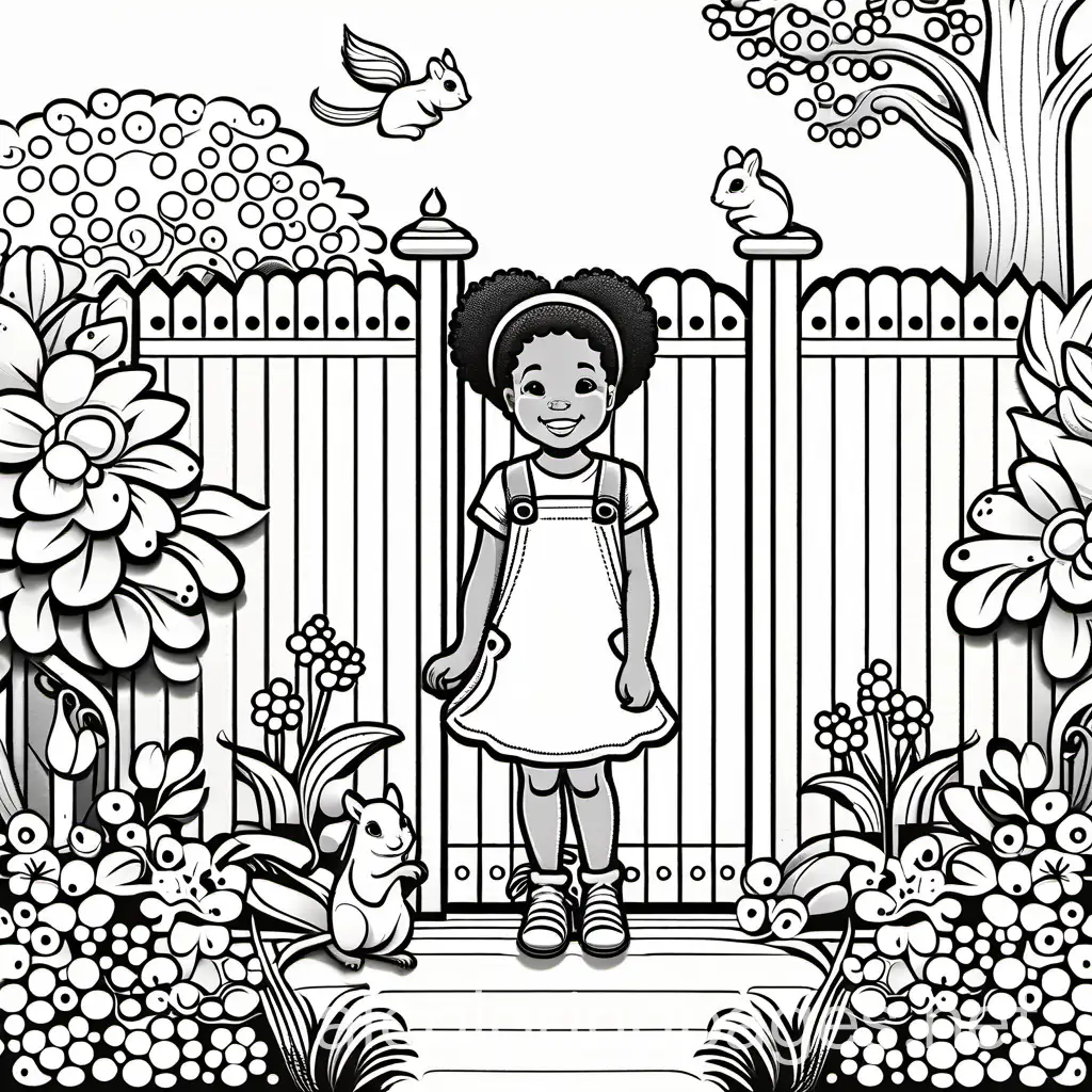 An African American toddler girl with curly pigtails hair is smiling happily among flowers growing on a garden gate, with squirrels added to the scene., Coloring Page, black and white, line art, white background, Simplicity, Ample White Space. The background of the coloring page is plain white to make it easy for young children to color within the lines. The outlines of all the subjects are easy to distinguish, making it simple for kids to color without too much difficulty