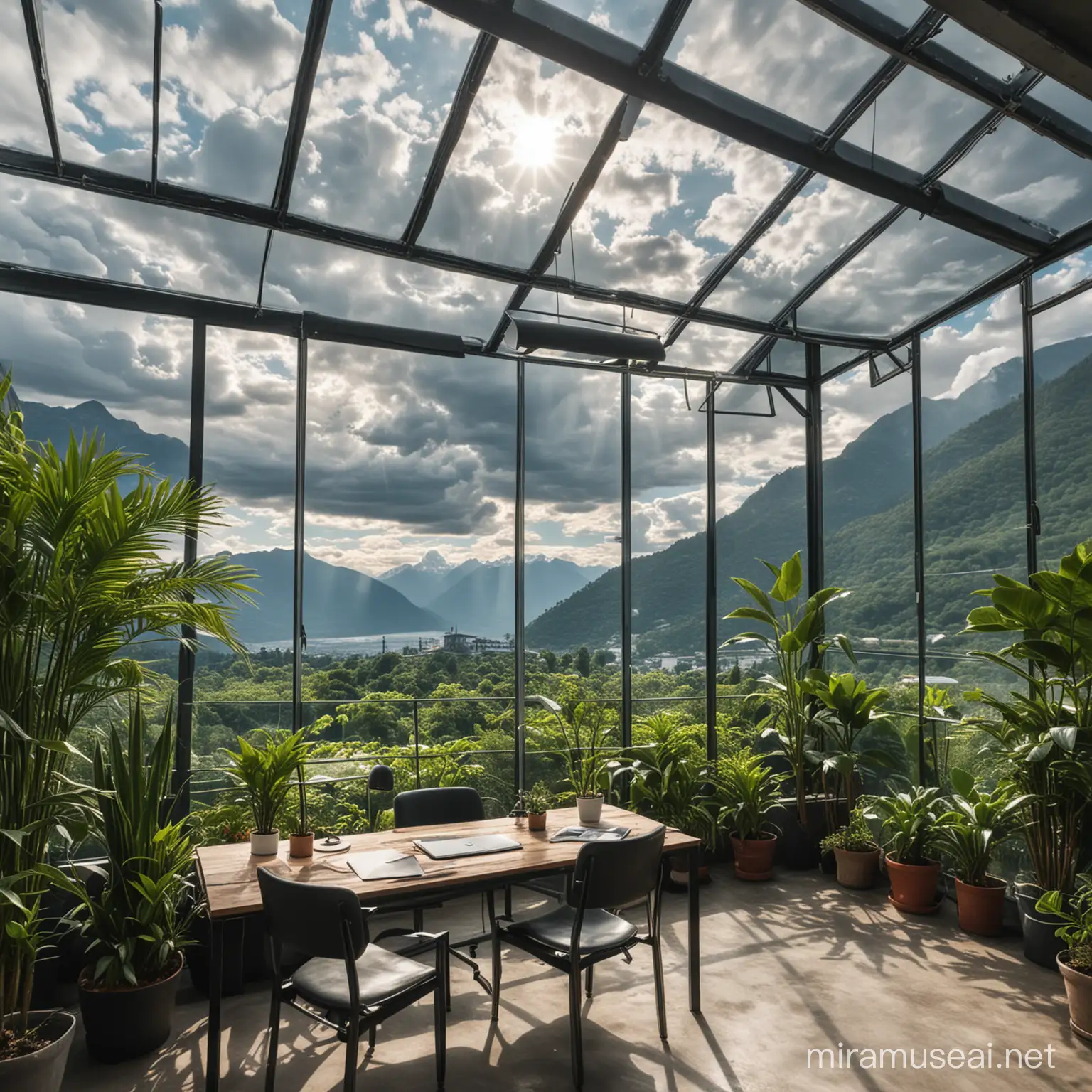 Working space in a glass house with green plants. view to mountains with a dramatic sky with sun and clouds
