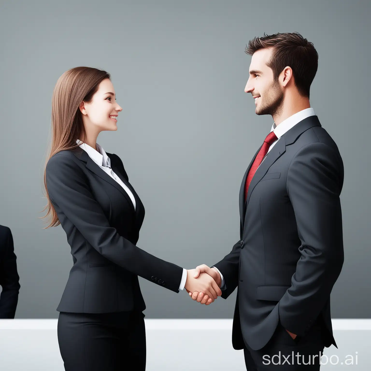 man and women shaking hands they are on professional suits give whole pic