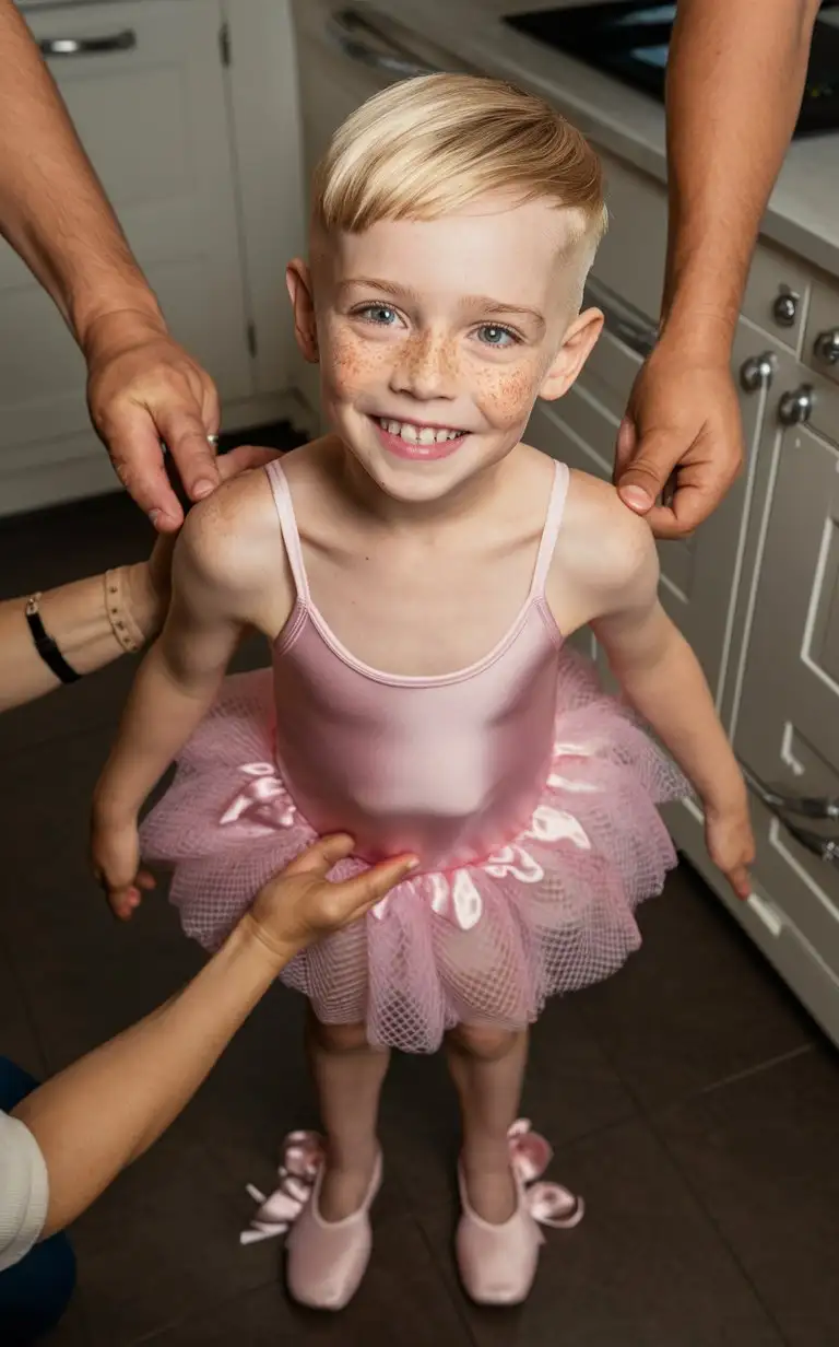 Gender role-reversal, high-angle Photograph of a a cute little 7-year-old blonde boy with freckles and dimples and short smart strawberry blonde hair shaved short on the sides, he is standing in a kitchen enjoying being in a satin pink leotard and frilly net tutu dress with ribbon slippers, smiling up at the camera, adorable, a pair of adult hands are reaching down and putting the dress on him, perfect children faces, perfect faces, clear faces, perfect eyes, perfect noses, smooth skin, full-body photograph