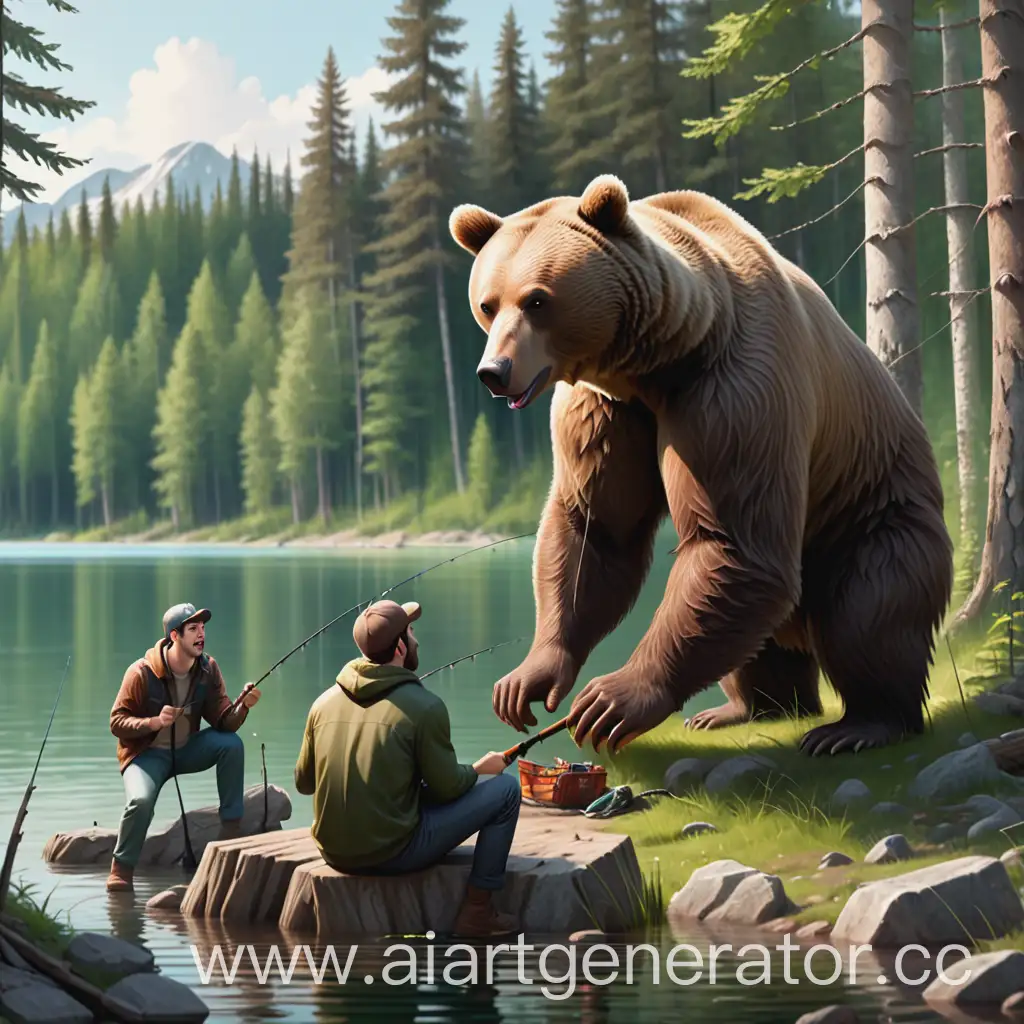 Два парня сидят на берегу озера в лесу и рыбачат, а на заднем фоне бурый медведь утаскивает их друга в лес за ногу