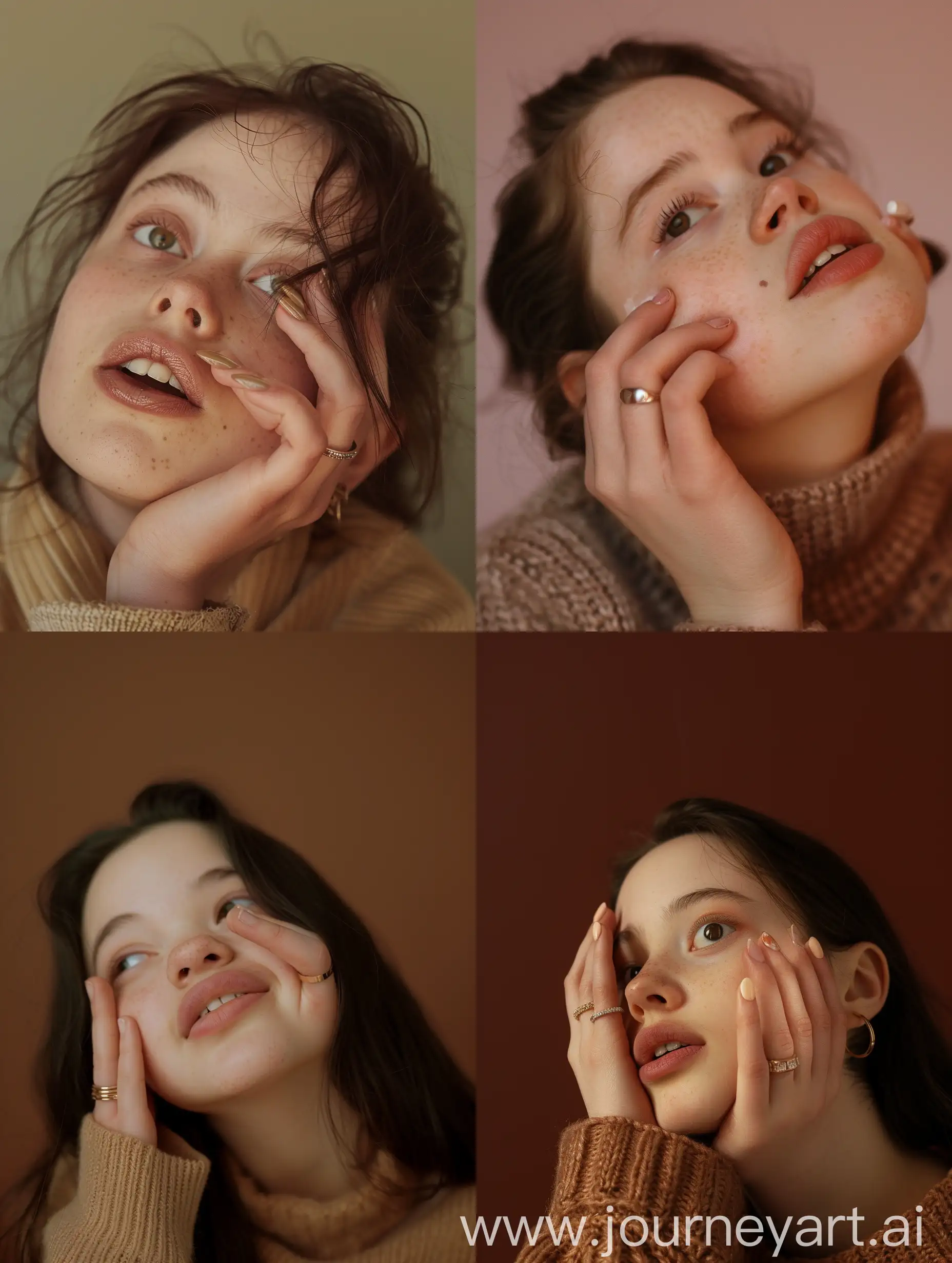 Aesthetic Instagram selfie of a teenage super model girl with down syndrome, warm brown tones, looking up, hand on cheek, manicured hand, rings