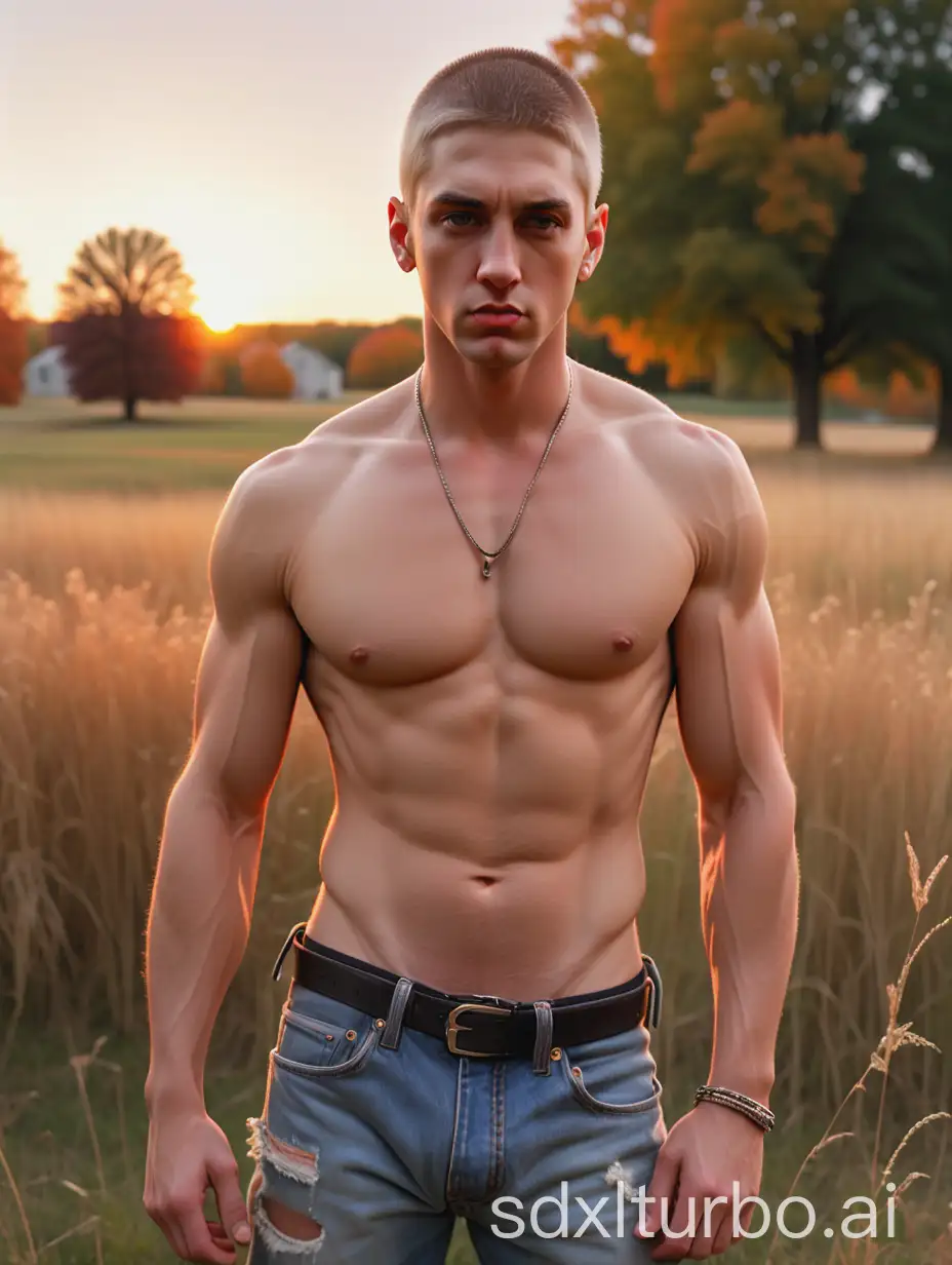 youthful fit and built Adonis-like Eminem, with hairy chest and eight pack abs shirtless in vintage ripped jeans, in a midwestern meadow during fall at sunset, vibrant volumetric lighting on face and eyes, medium upper body shot, 16k, very high quality, very high resolution, 35mm camera, Adonis, nsfw, face and upper body portrait by Bruce Weber,