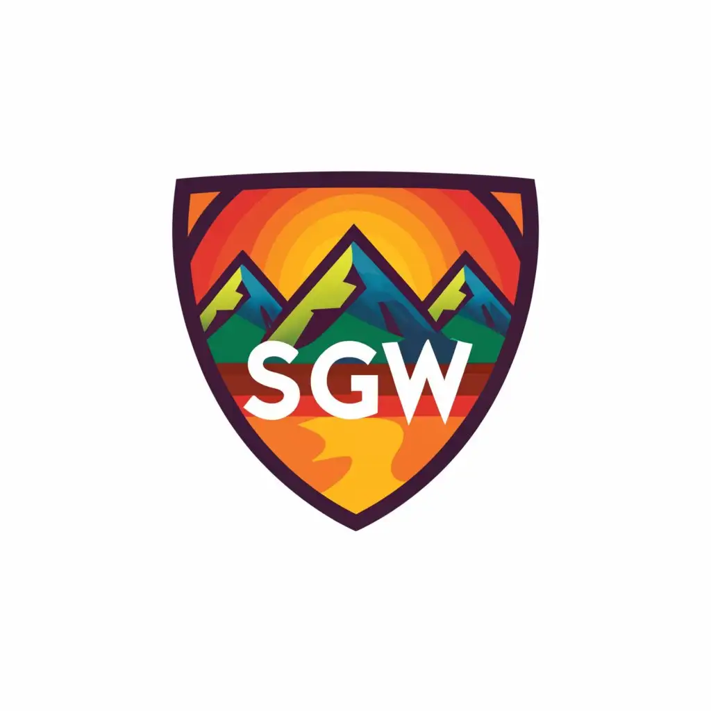 a logo design,with the text "SGW", main symbol:colorful mountain with shield, calligraphy, clear background, ,Minimalistic,be used in Travel industry,clear background
