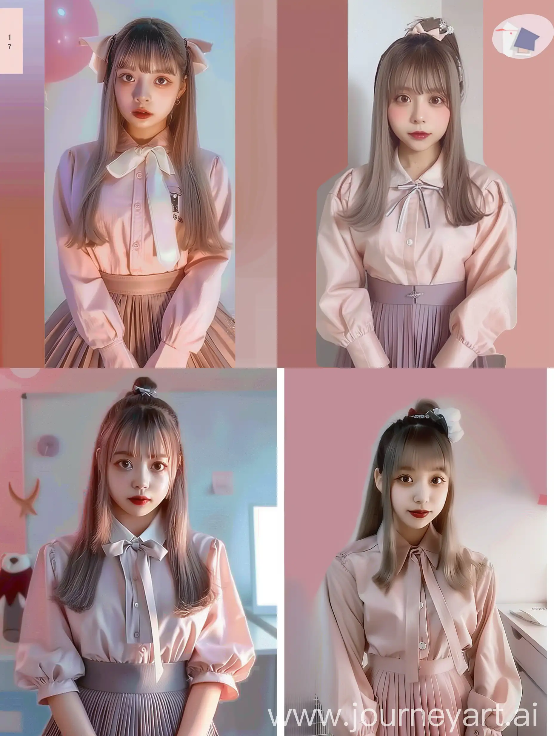 “Please transform the person in the existing photo into a mainstream idol similar to those from Nogizaka46 or AKB48. Ensure the following details:

	1.	Outfit: Dress the individual in a stylish and cute school uniform, including a pleated skirt, a neatly pressed blouse, and a ribbon or tie at the collar. The outfit should be in pastel colors or soft tones, typical of idol fashion.
	2.	Hairstyle: Give the individual a well-groomed hairstyle, such as long straight hair with bangs or a high ponytail. The hair should appear shiny and healthy, with a natural dark color.
	3.	Makeup: Apply light and natural makeup, enhancing the individual’s features with soft tones. Focus on clear skin, rosy cheeks, and a subtle lip color to achieve a fresh and youthful look.
	4.	Pose and Expression: Ensure the person is posing in a friendly and approachable manner. The expression should be cheerful and bright, with a gentle smile or a slight tilt of the head to convey charm and warmth.
	5.	Background: Set the background in a simple, clean environment that complements the idol theme. It could be a soft gradient or a lightly blurred classroom or stage setting, keeping the focus on the individual.
	6.	Accessories: Add minimal accessories such as a small hair clip, a delicate bracelet, or a simple necklace to enhance the idol look without overwhelming it.
	7.	Overall Aesthetic: Maintain a polished and professional finish, ensuring the overall image is high quality and visually appealing, reflecting the polished appearance of mainstream idols.”