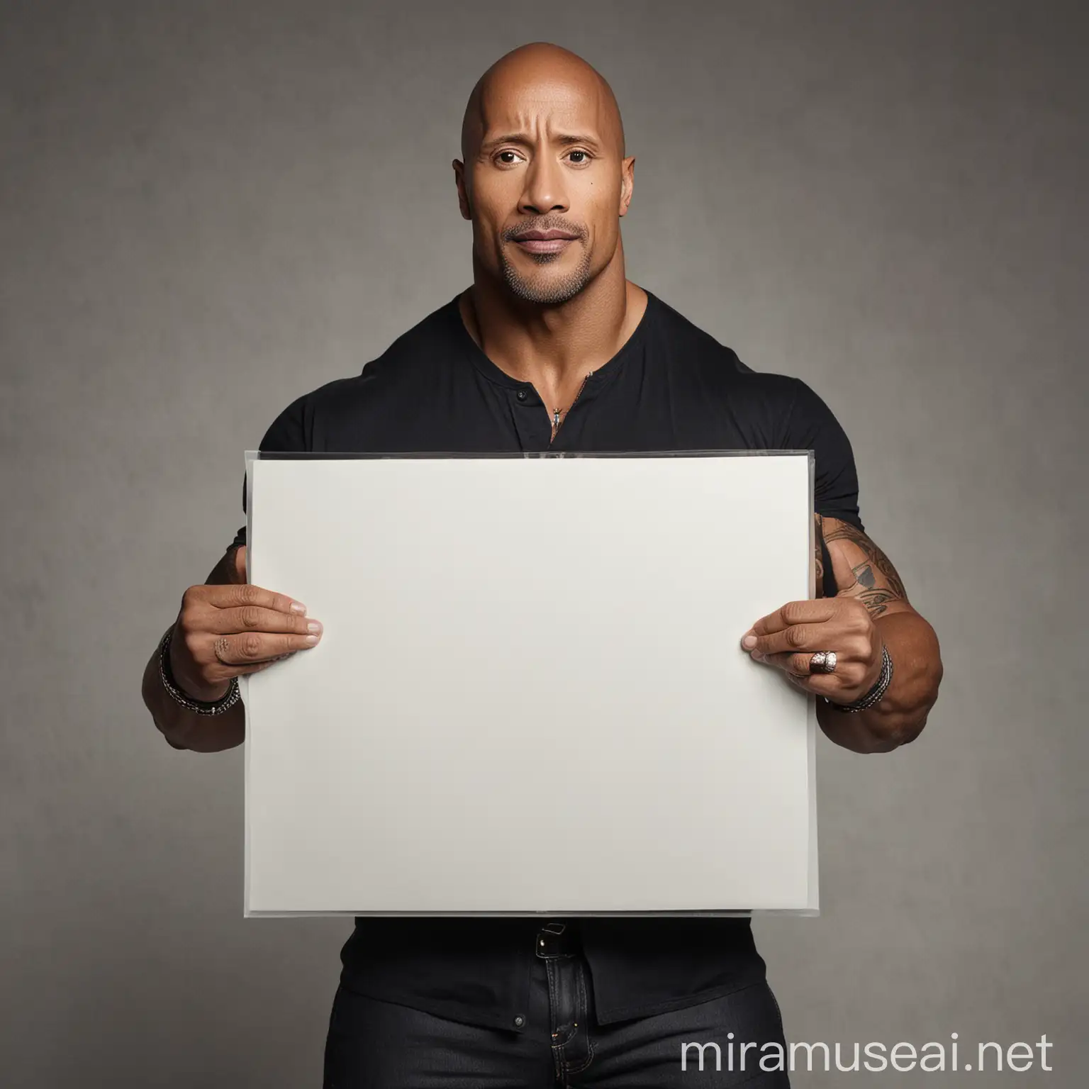 Dwayne Johnson from Hollywood holding a white page both hands 