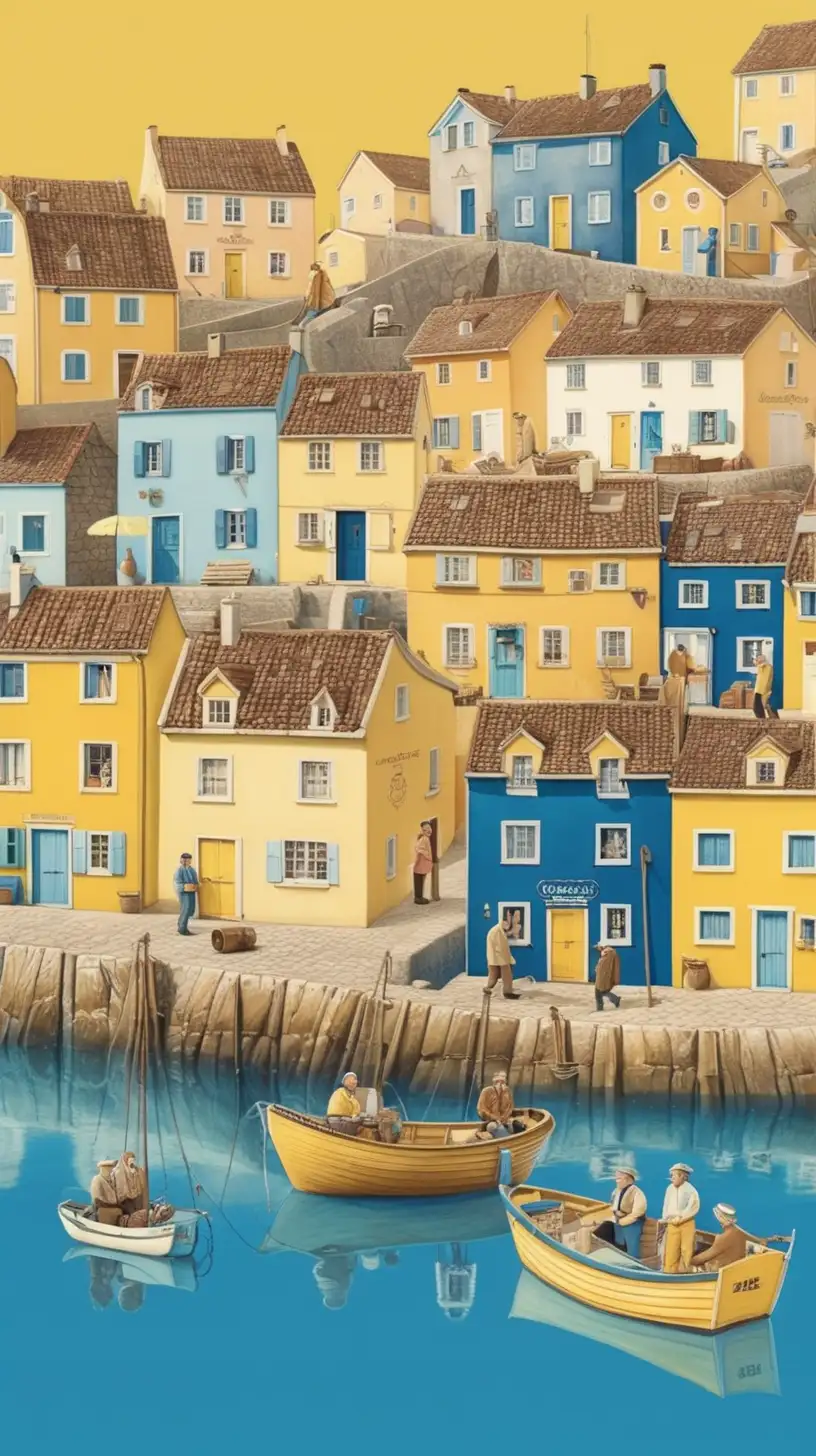  这是一张喜剧电影的海报，我希望它是一种带有韦森安德森电的风格，画面呈现一个欧洲的渔村，有着一些渔民们，黄蓝色调。