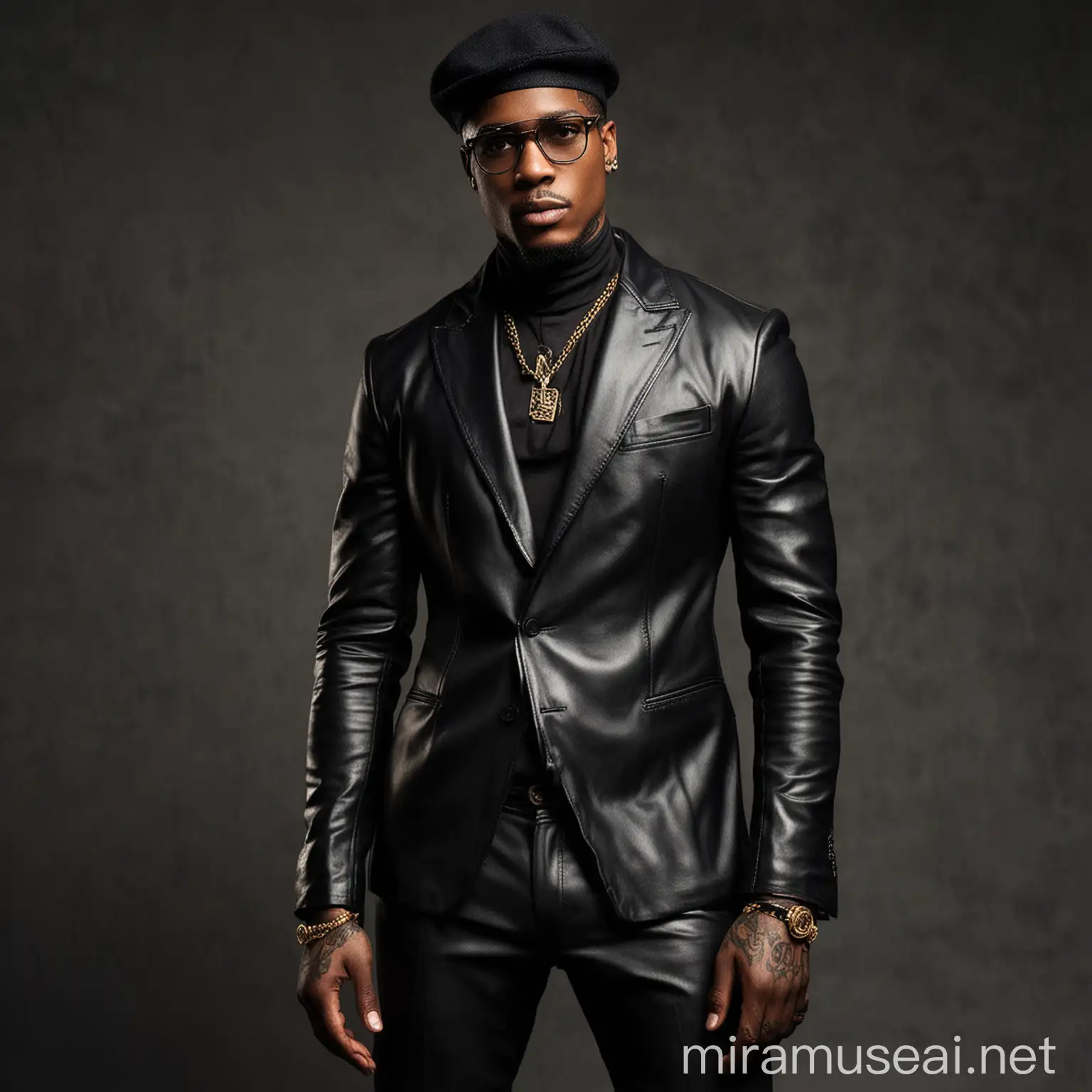 Charismatic Black Male Model in Stylish Leather Ensemble Portrait