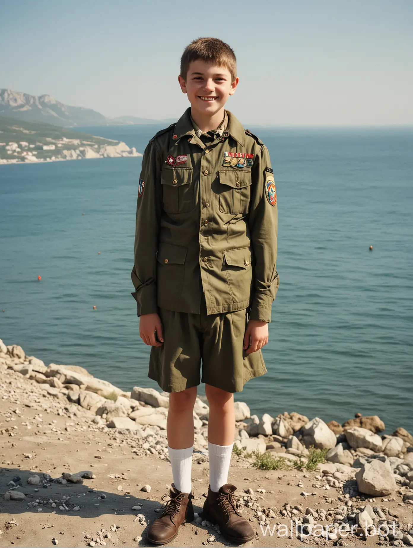 Crimea, view of the sea, boy scout 13 years old, full height, smile