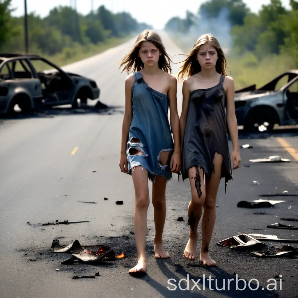 two 13yo girl s in tattered & torn very short dresses with one shoulder strap and dirty face walking barefoot down a road with burned out cars