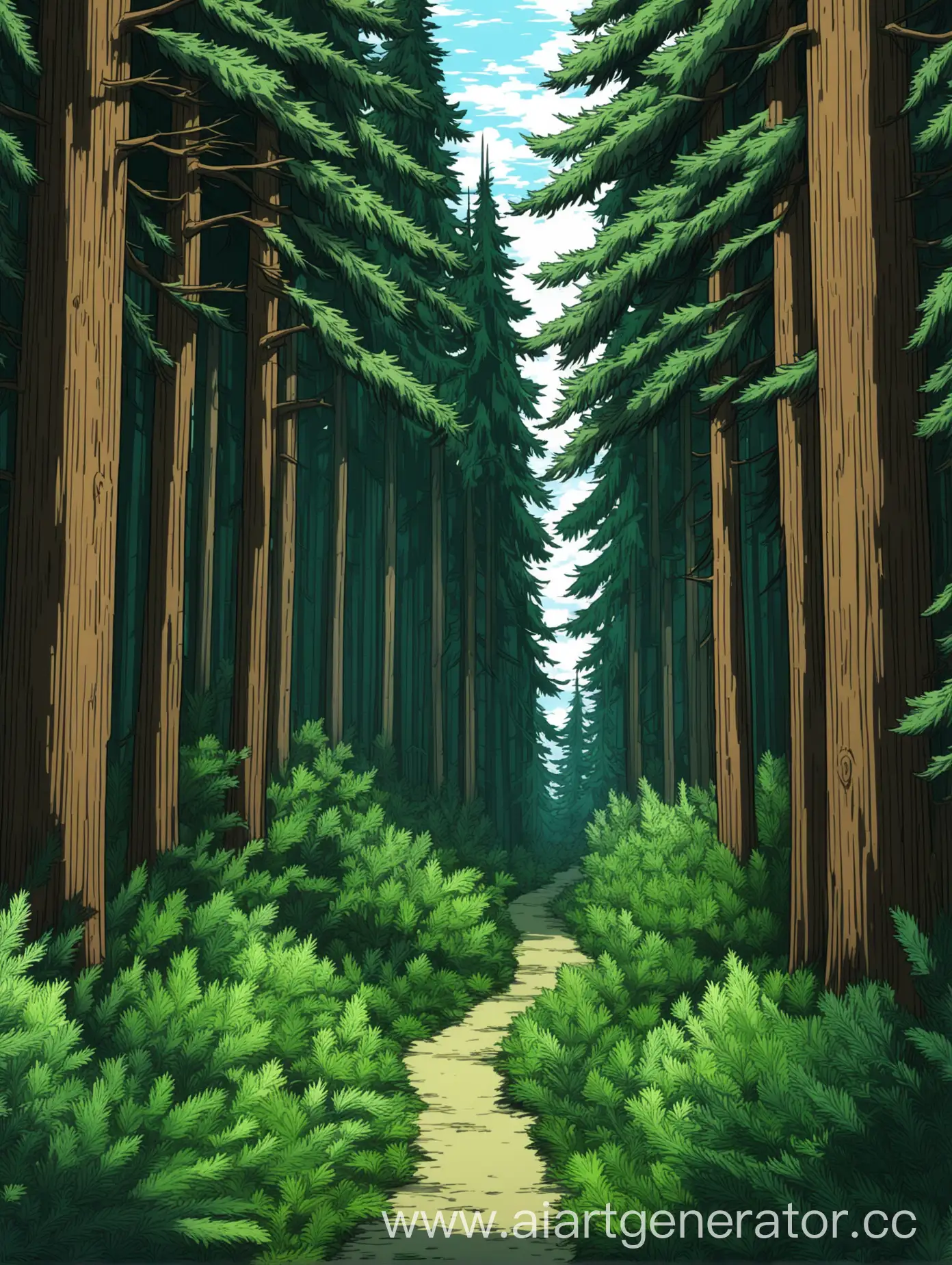 Лес в аниме стиле, высокие хвойные деревья, заросшая тропинка