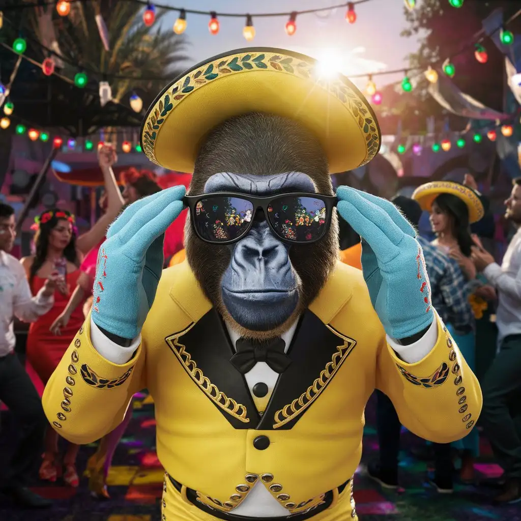 Gorilla with dark sunglasses  dressed as  "dia de los muertos" colorful light bulbs mexican party environment. gorilla wears yellow mariachi suit and light blue gloves.
the sun reflects on his sunglasses lens.
 Hyper realistic, cinematic style. Pov camera.