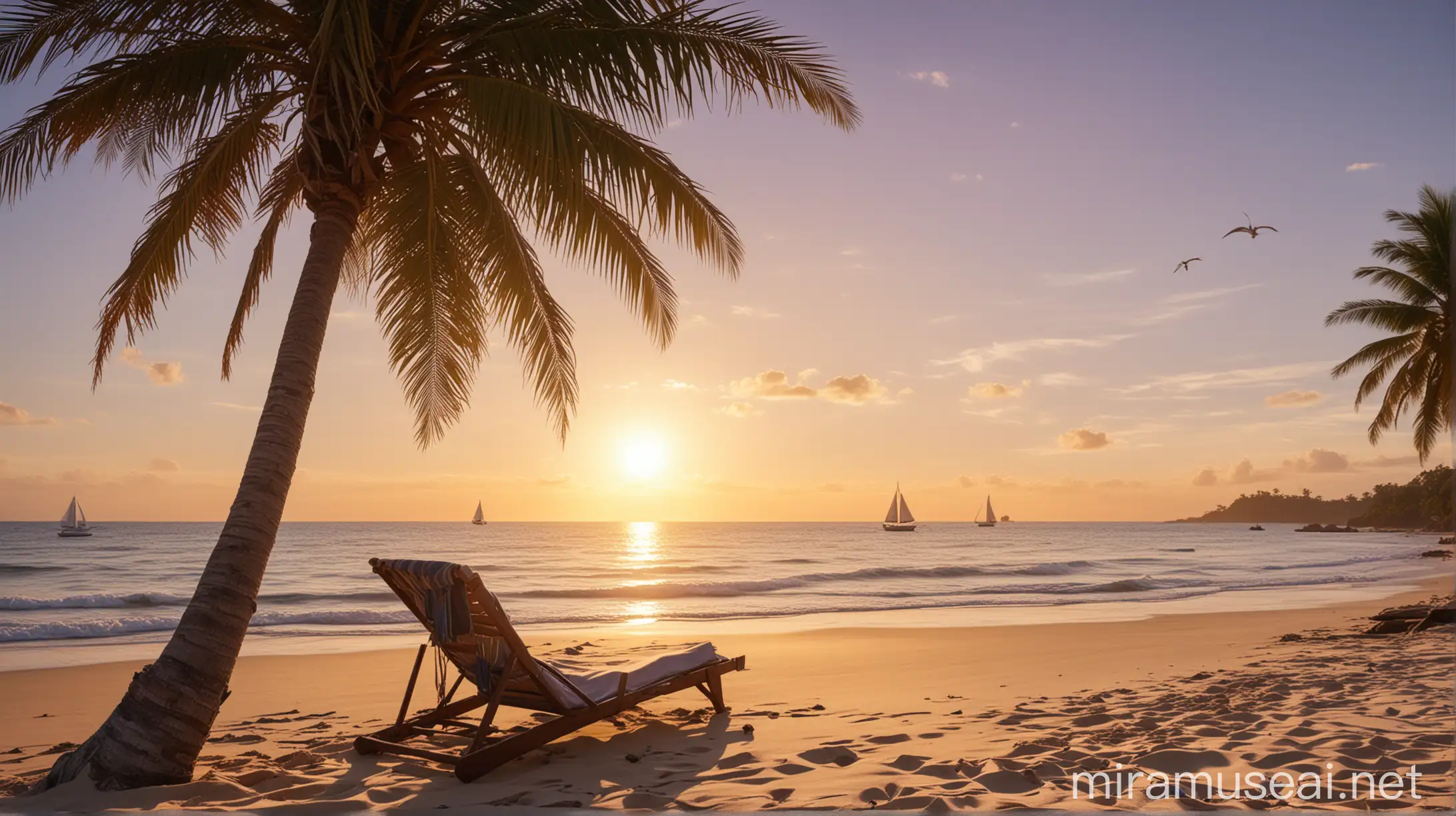 A sun-kissed beach where robust, carefree individuals find joy in simple reclining positions, their laughter intermingling with the tropical waves lashing the shore, the sun setting in a vibrant display of melancholic oranges and deep purples above them. Palm fronds swaying lightly in the gentle sea breeze, positioned front of the heavyset individuals, sandy, warm grain texture, relaxed posture, joyous ambience, precise shadows, 4K photography, arafed chair on the beach with a palm tree and a sailboat in the distance, it's is relaxing on a beach, is relaxing on a beach, relaxing on the beach, relaxing at the beach, tropical beach paradise, relaxing concept art, amazing wallpaper, at a tropical beach, relaxing environment, tropical beach, beach surreal photography, beach setting, beach background