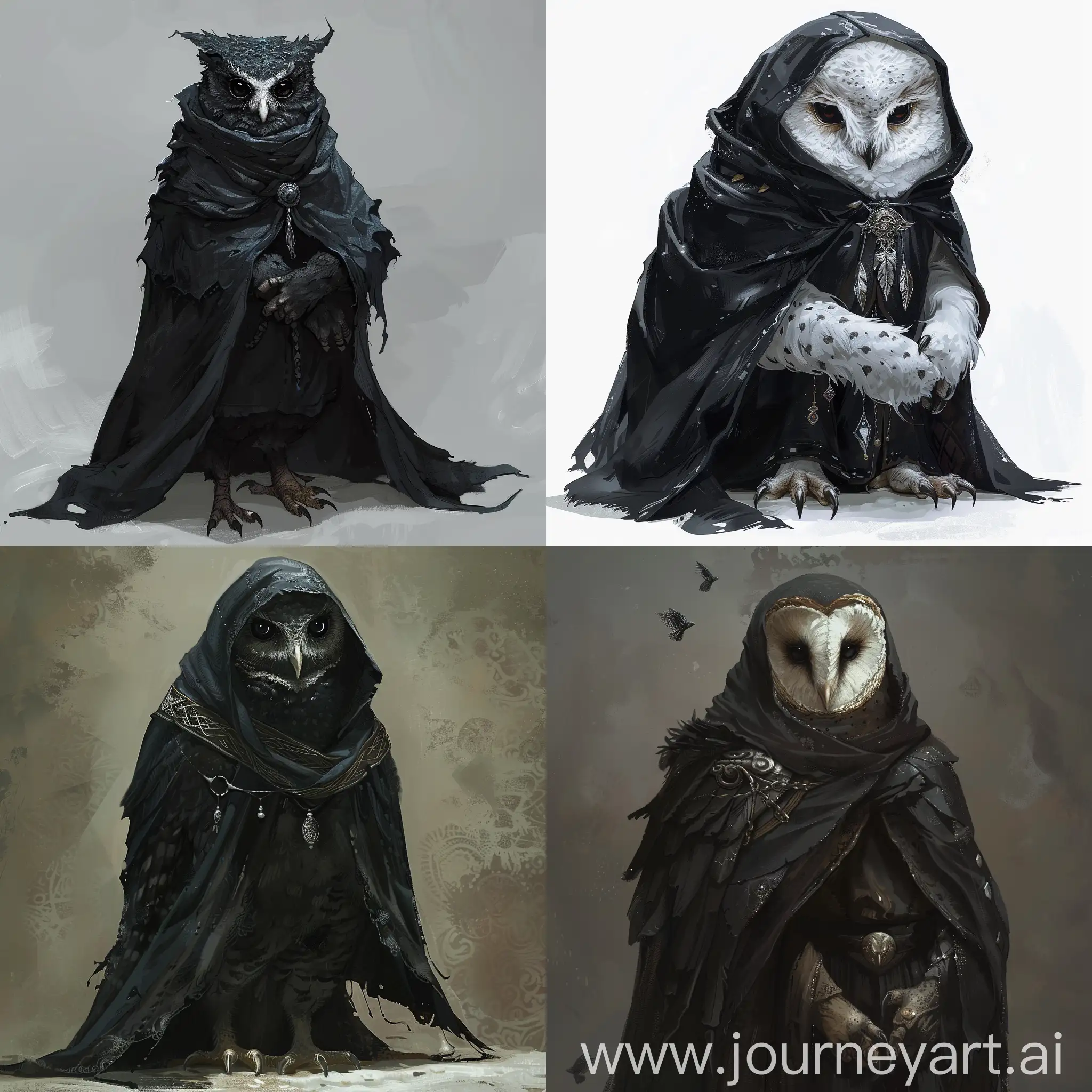 Quero fazer um owlin (DnD, RPG, uma coruja humanoide com braços), mas a minha denominada Gráa é uma coruja urutau, vestindo um manto negro com bordas e detalhes de prata