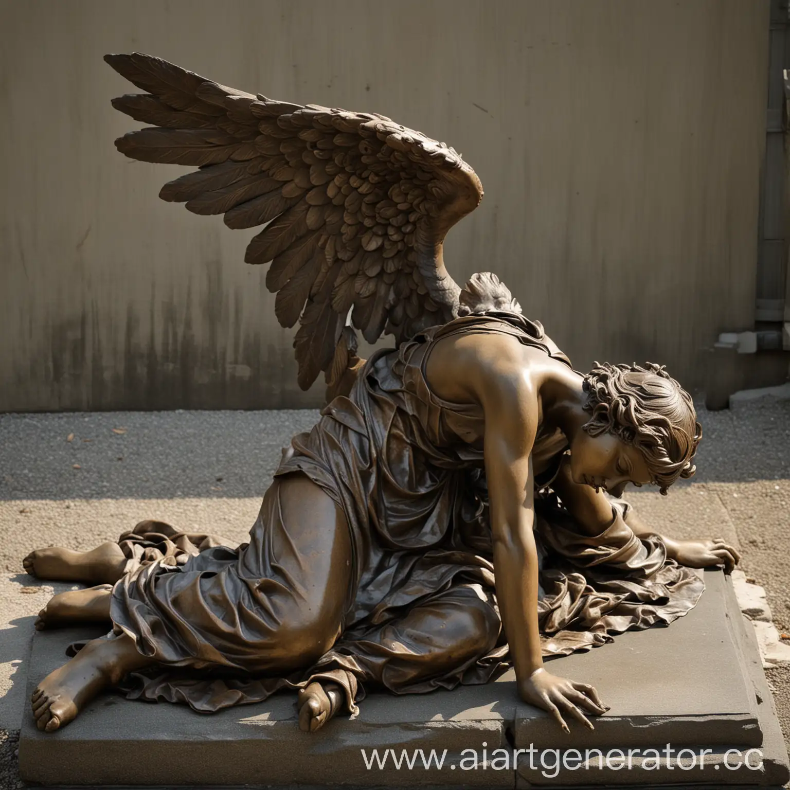 there is a bronze sitting fallen angel, classical statue, sculpture, above side view, wind, by Wen Boren, inspired by Masamitsu Ōta
