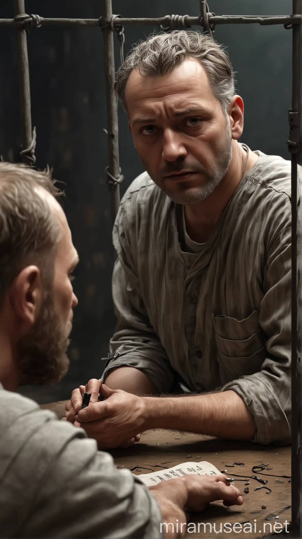 Scharf casually questioning a prisoner, with a look of confidence as he already knows the answers. hyper realistic