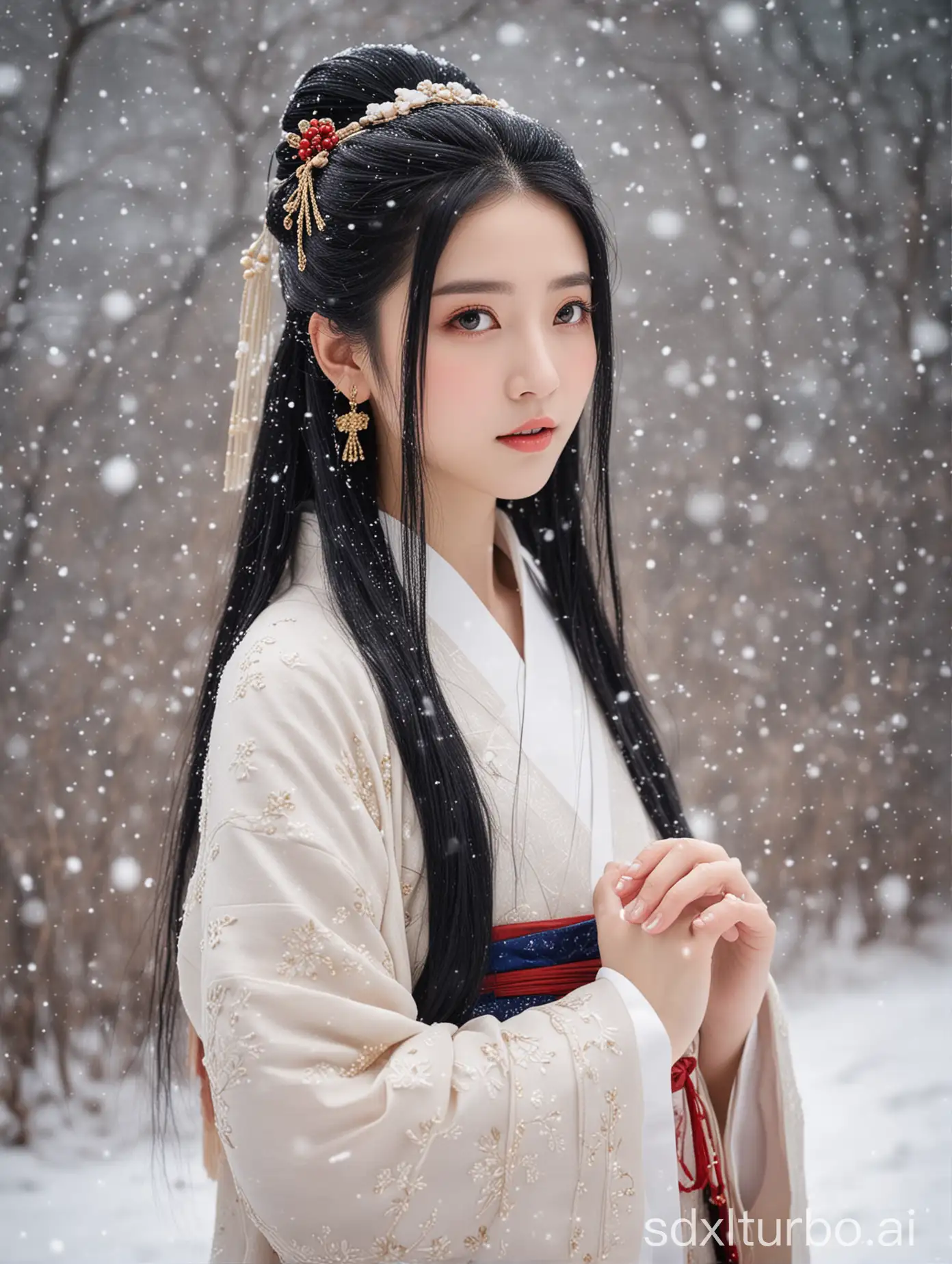 a girl, hanfu dress, black hair, long hair, hair ornament, snowing