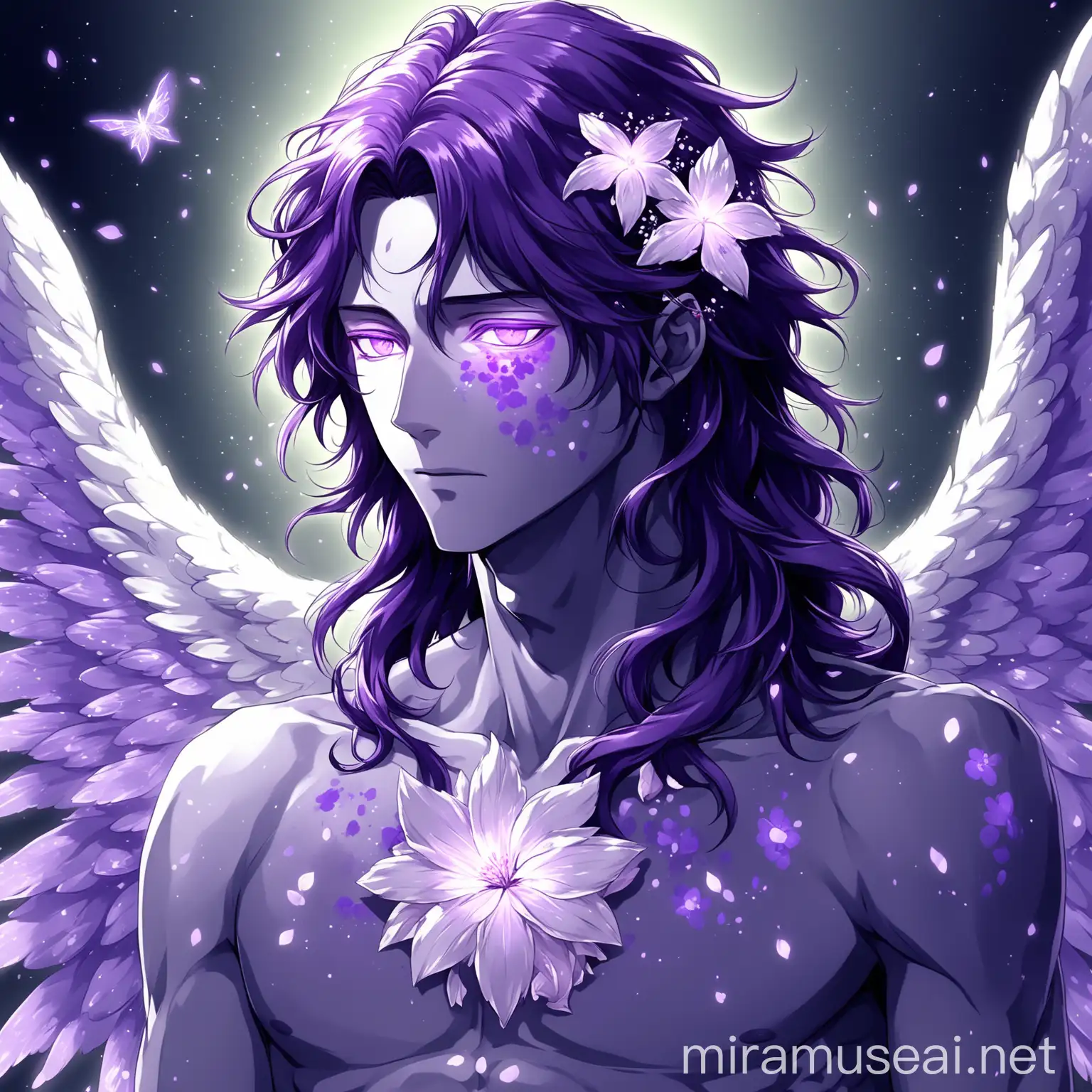 an angelic man, he has purple angelic wings, he has long wavy purple hair, he has a beautiful body, he has green and purple spotted skin, he has luminous violet eyes, he has some poison flower in his hair, he has a quiet peaceful look, in anime