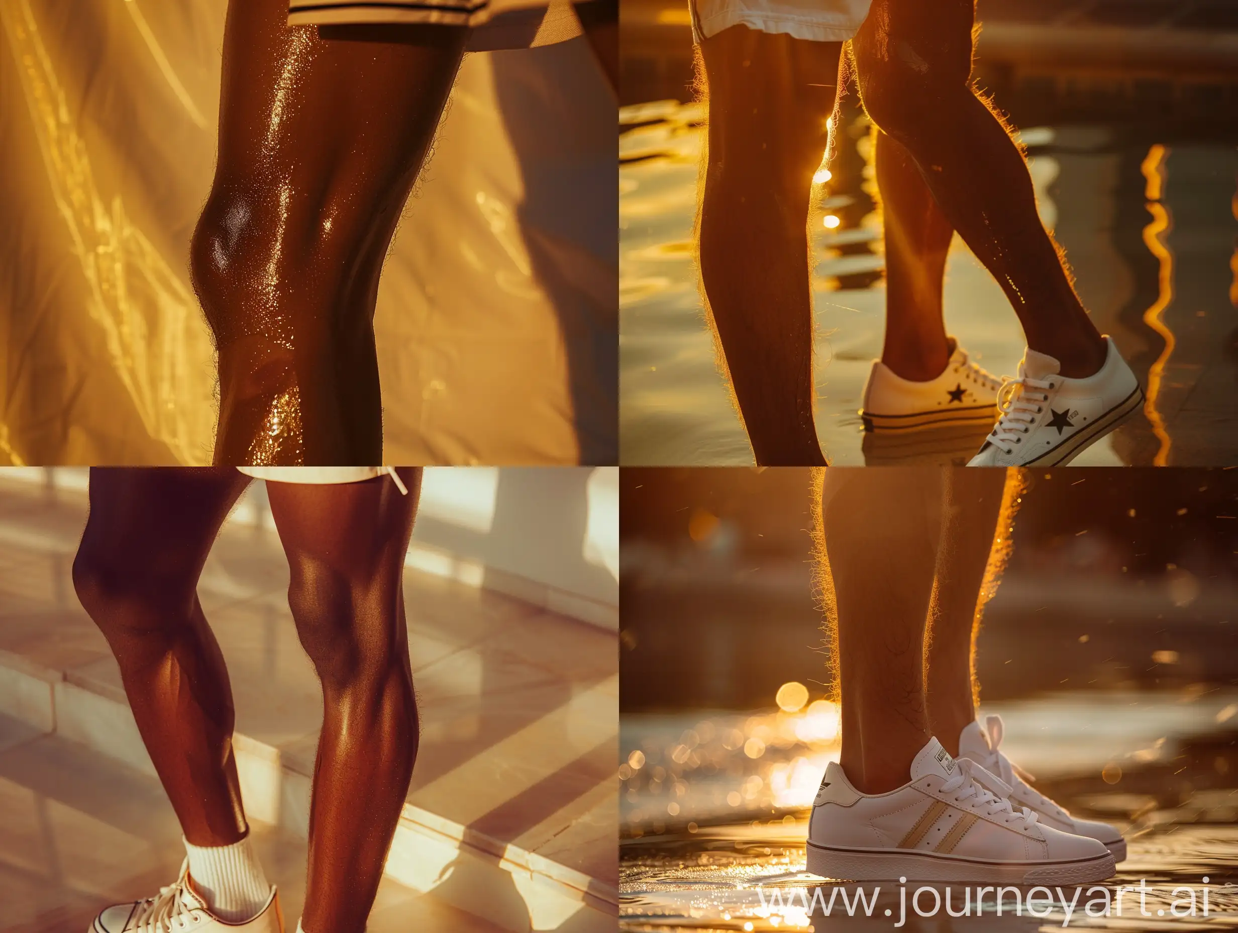 Fashion photography - young man's thigh and leg and Allstar sports shoes can be seen in the picture, the reflection of the light of the golden hour shows the details of the skin and especially the short hair on the leg, the detailed and aesthetic details of the man's body