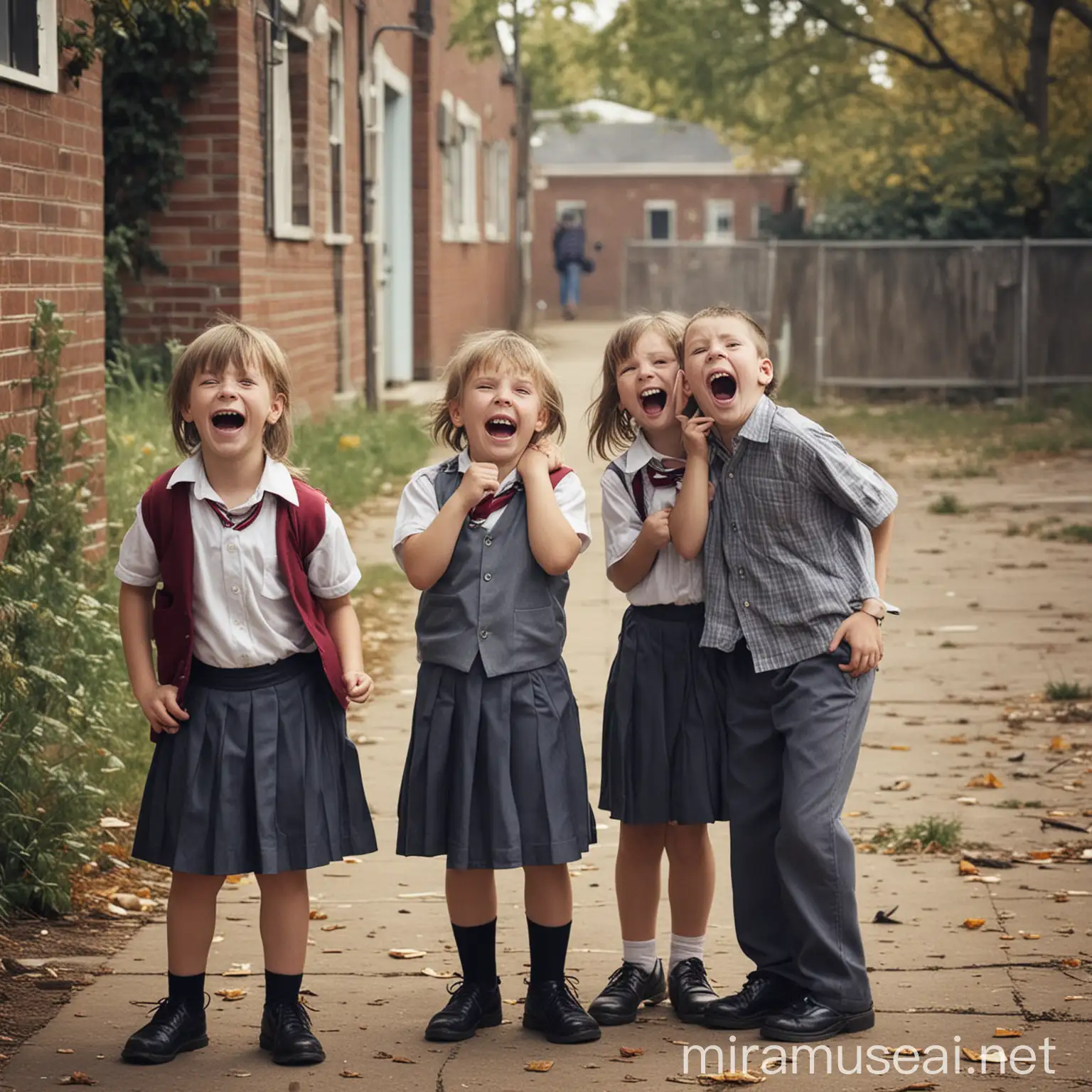 Joyful Children Laughing and Mocking in the School Yard