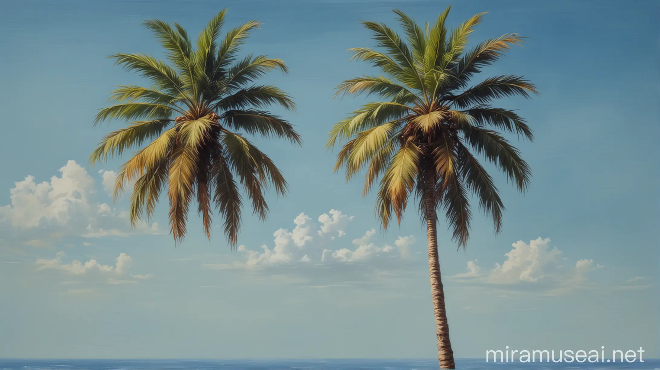 Lone Palm Tree Against Azure Sky Serene Oil Painting