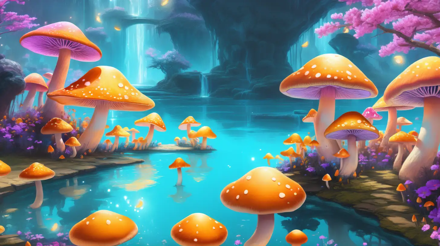 golden and Blue and Purple. Pink. Yellow. Orange mushrooms in the daytime spring and magical mushrooms with a magical turquoise glowing lake of koi fish swimming in the lake.