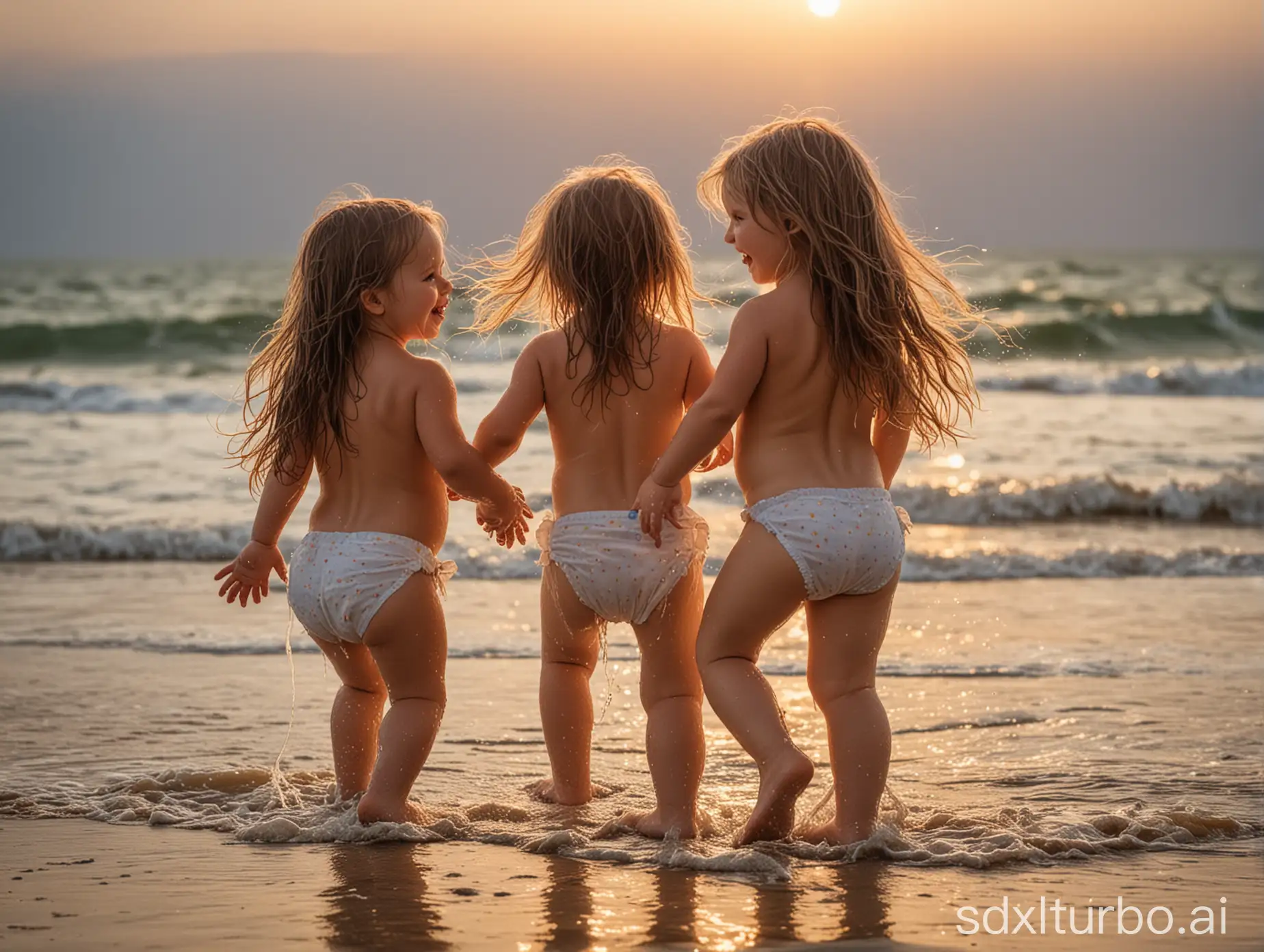 two four year old girls in diapers pampers  showing  long hair, shirtless, on beach, wet, happy, in water, picture taken from the side so you can see face also, in setting sun