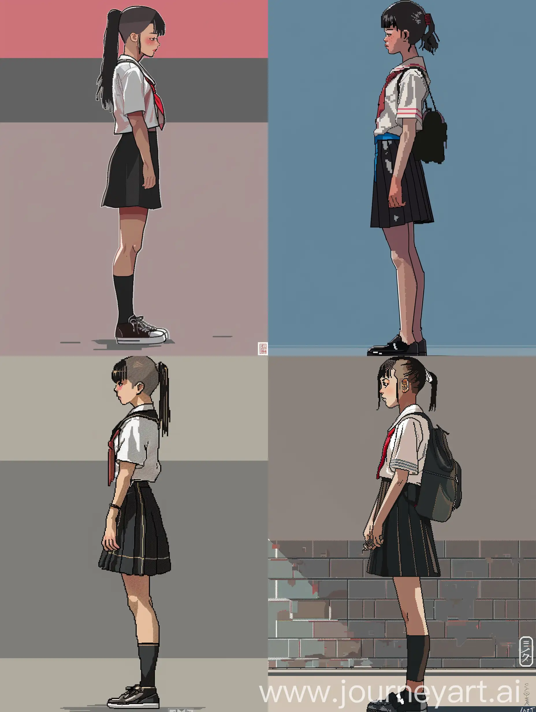 Japanese schoolgirl, pixel art, side view, full length, concept art