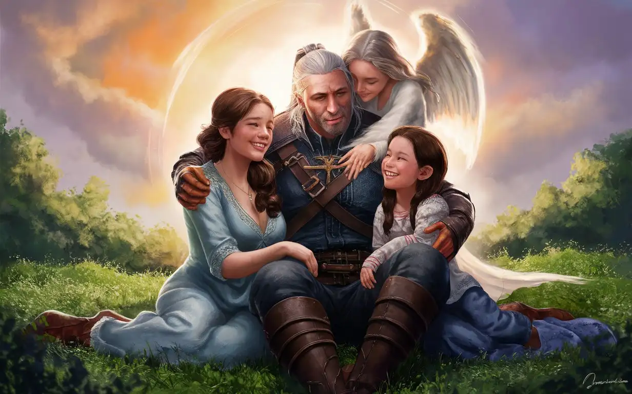 Ray Geralt met his wife and daughter and they are smiling, Geralt is crying from joy sitting in nature and an angel embraces Geralt