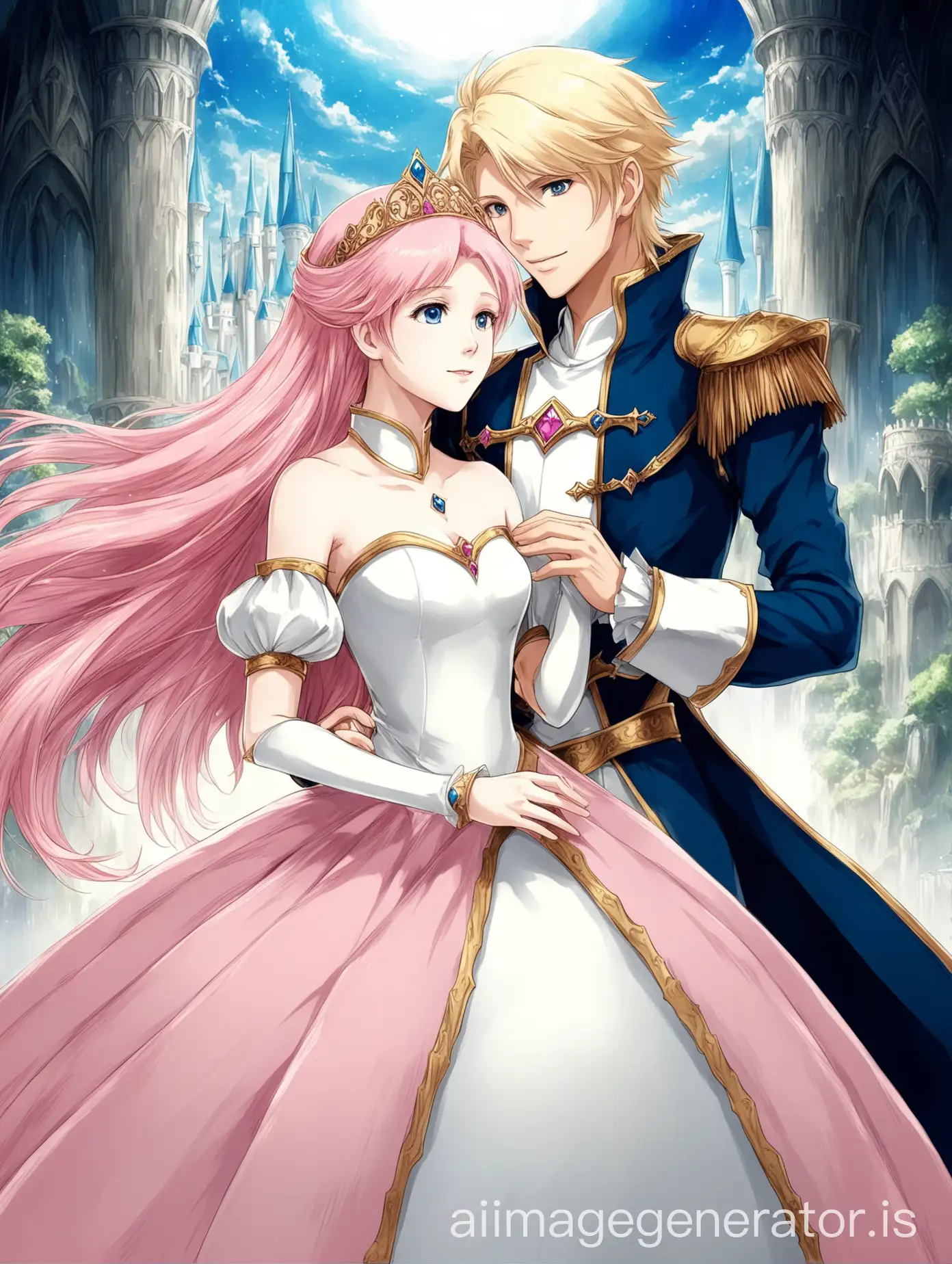 a fantasy world anime picture where the princess has pink hair and the prince has blond hair . both have fair skin .  