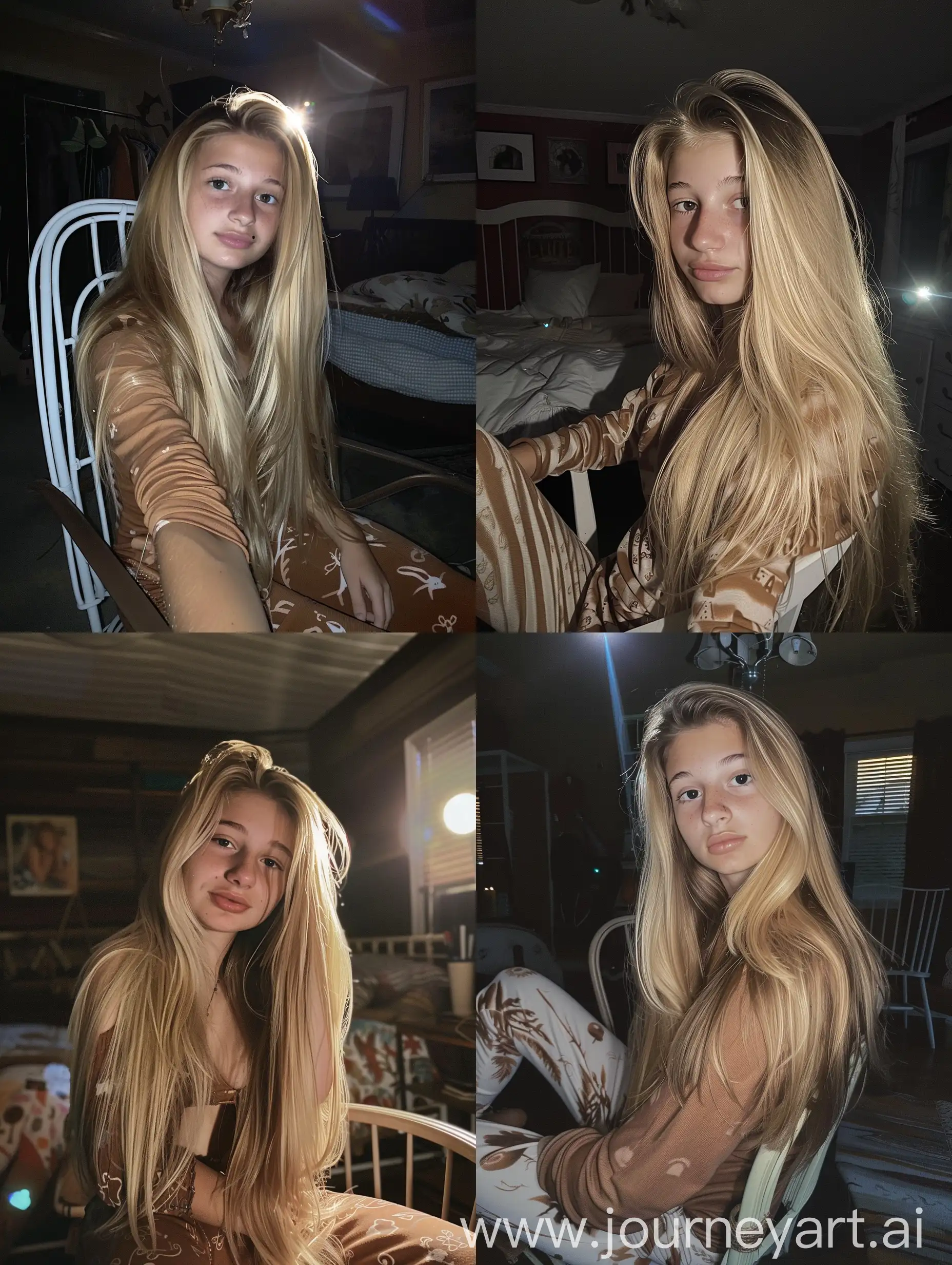 girl, blonde hair, 19 years old, bedroom , sitting on chair, pijama, selfie, at night, escuro, flash light
