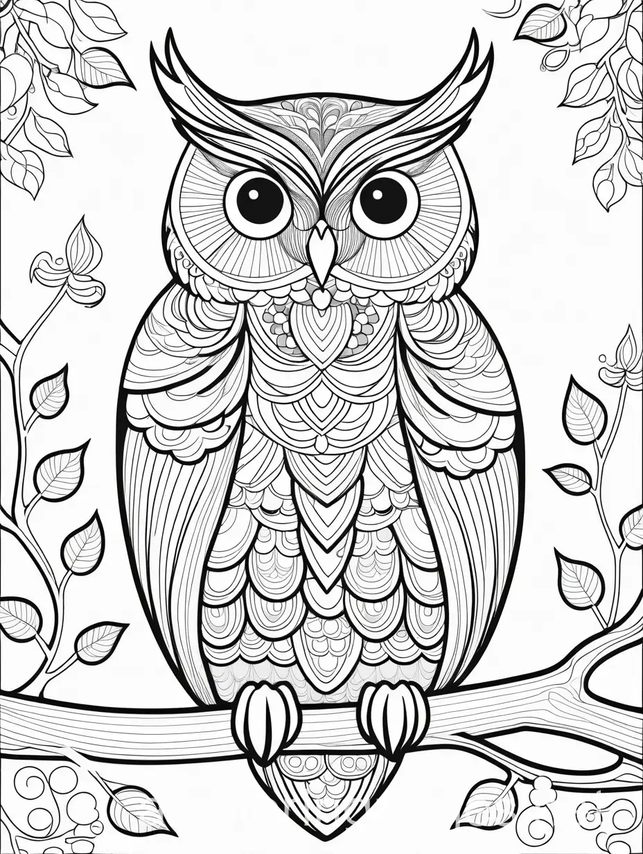 whimsical owl, coloring page, black and white, no fill, thin lines, Coloring Page, black and white, line art, white background, Simplicity, Ample White Space. The background of the coloring page is plain white to make it easy for young children to color within the lines. The outlines of all the subjects are easy to distinguish, making it simple for kids to color without too much difficulty