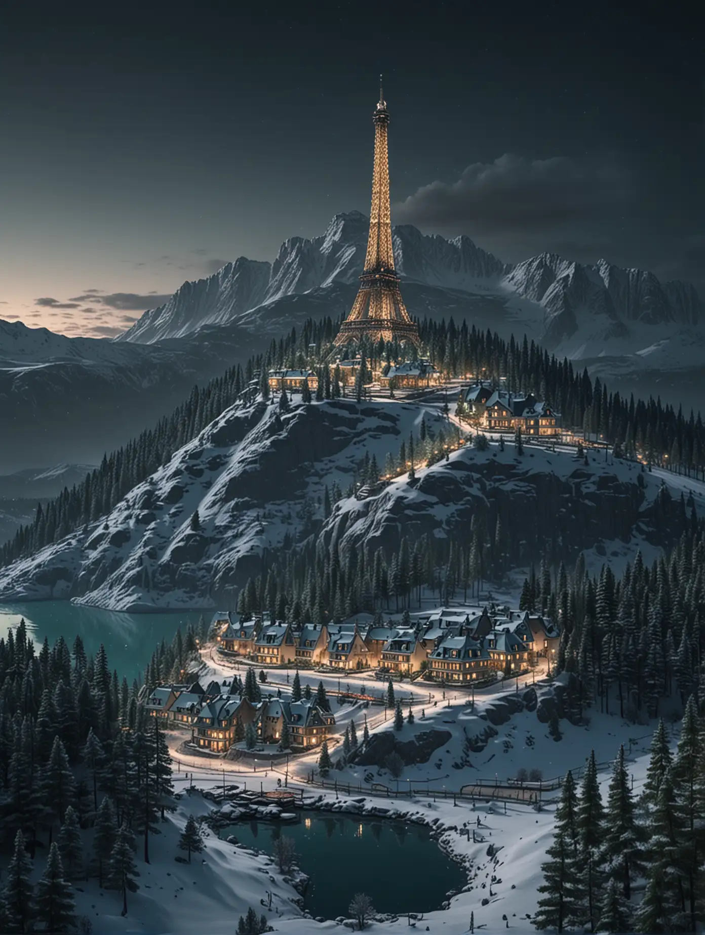 Create a part of a snow mountain with tall green pine trees, lighted houses from top to bottom of mountain, eiffel tower in distance, cyan lake at the bottom, dusk, very dark shades, photo realistic, 4k