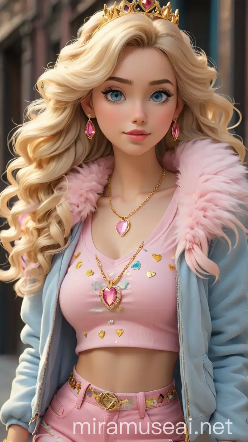 A radiant young woman with long, flowing blonde hair that cascades down her back in soft waves, reminiscent of her mother, Princess Aurora. Her sparkling baby blue eyes hold a playful twinkle, framed by long lashes and accentuated by shimmery pink eyeshadow. She possesses a sun-kissed complexion with a natural rosy glow, complementing her cheerful demeanor style. Her outfit reflects a playful blend of 2000s bubblegum bitch, 2020s VSCO girl, and bimbocore aesthetics, showcasing her vibrant personality and love for all things pink and gold. She wears a cropped baby pink tank top adorned with gold sequins and rhinestones, paired with high-waisted sky blue denim shorts featuring playful patches and embellishments. Over her outfit, she layers a fluffy baby pink faux fur jacket, adding a touch of glamour and coziness to her ensemble. The Girl accessorizes herself with oversized gold hoop earrings, stacked bracelets in various shades of pink and gold, and delicate chain necklaces adorned with heart and crown charms, symbolizing her royal lineage. On her feet, she wears chunky platform sneakers in a metallic gold hue, adding a trendy touch to her look while ensuring comfort for her adventurous spirit. The Girl's makeup is bold and vibrant, with glossy pink lips, rosy cheeks, and dramatic winged eyeliner, accentuating her youthful features. In her hair, she often incorporates baby blue ribbons or scrunchies, tying them into playful ponytails or braids for a whimsical touch. The Girl completes her look with oversized sunglasses adorned with pink rhinestones, adding a touch of glam to her effortlessly chic style. Overall, The Girl exudes a fun and carefree vibe, blending elements of past and present trends in her colorful and eclectic fashion choices. 