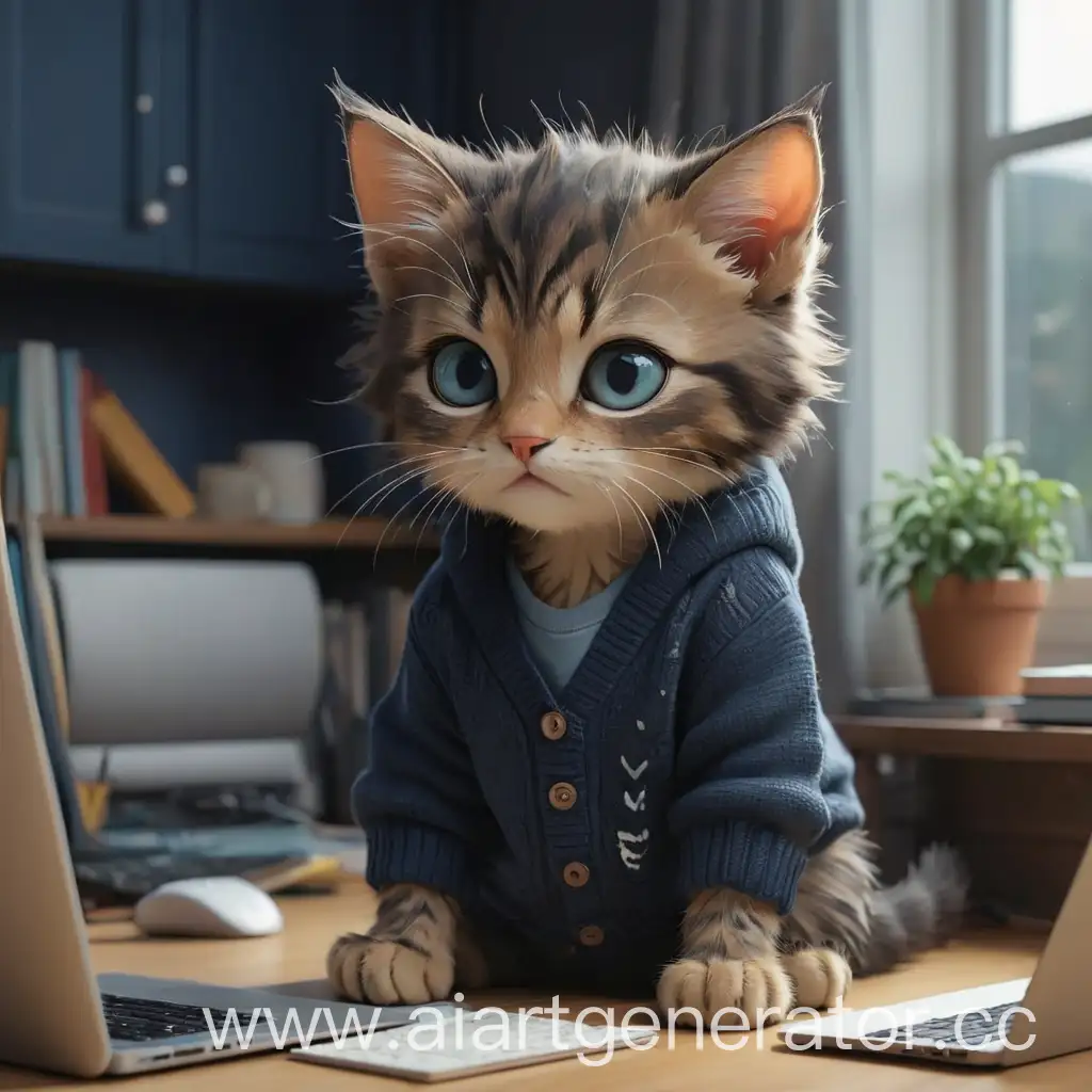 милый котенок программист в темно синем кардигане сидит дома и работает и думает о том что когда его девушка придет домой он ее обнимет. 
 