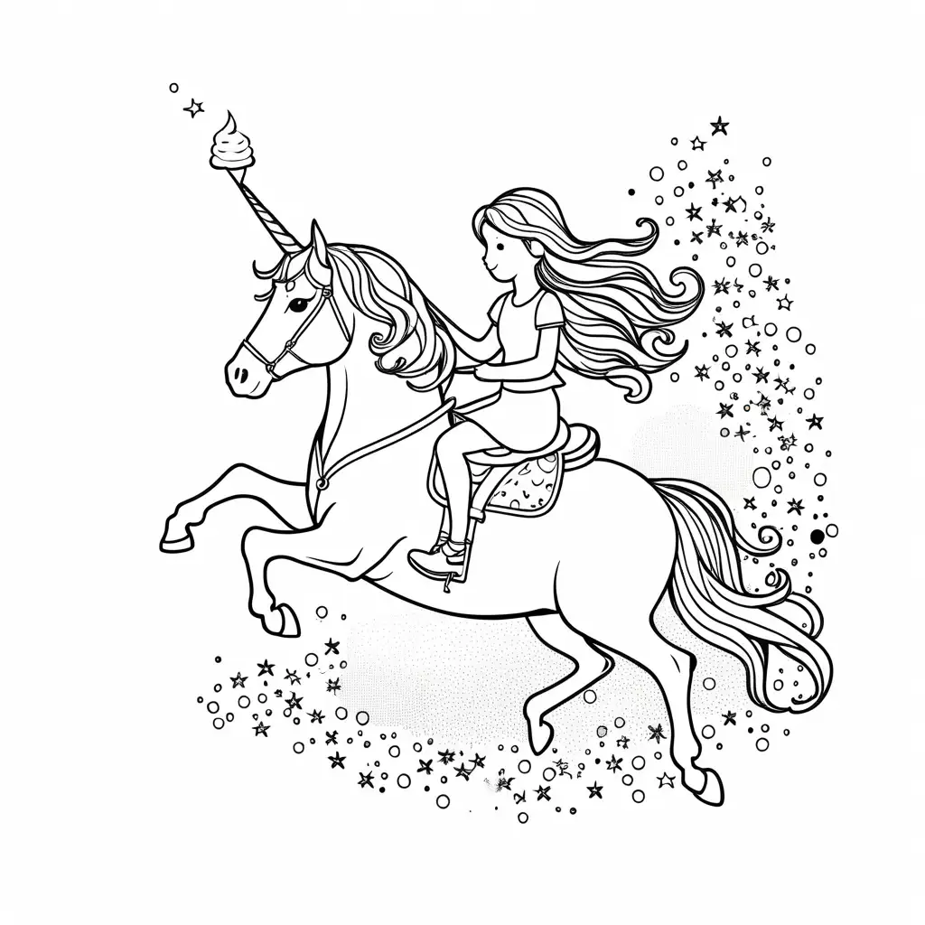 A girl eating an ice cream cone while riding on the back of a Unicorn. There is sparkles scattered around the page.
, Coloring Page, black and white, line art, white background, Simplicity, Ample White Space. The background of the coloring page is plain white to make it easy for young children to color within the lines. The outlines of all the subjects are easy to distinguish, making it simple for kids to color without too much difficulty