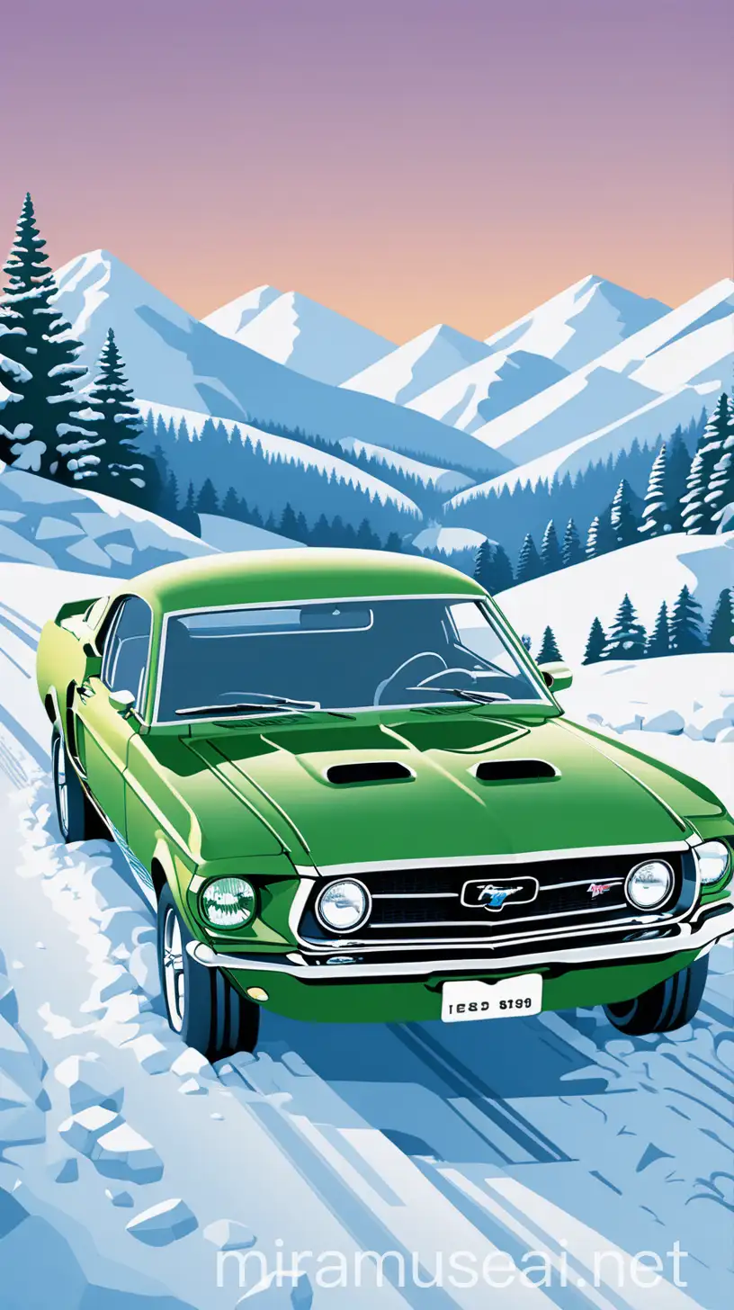 1969 Ford Mustang Driving Through Snowy Landscape in Poison Green