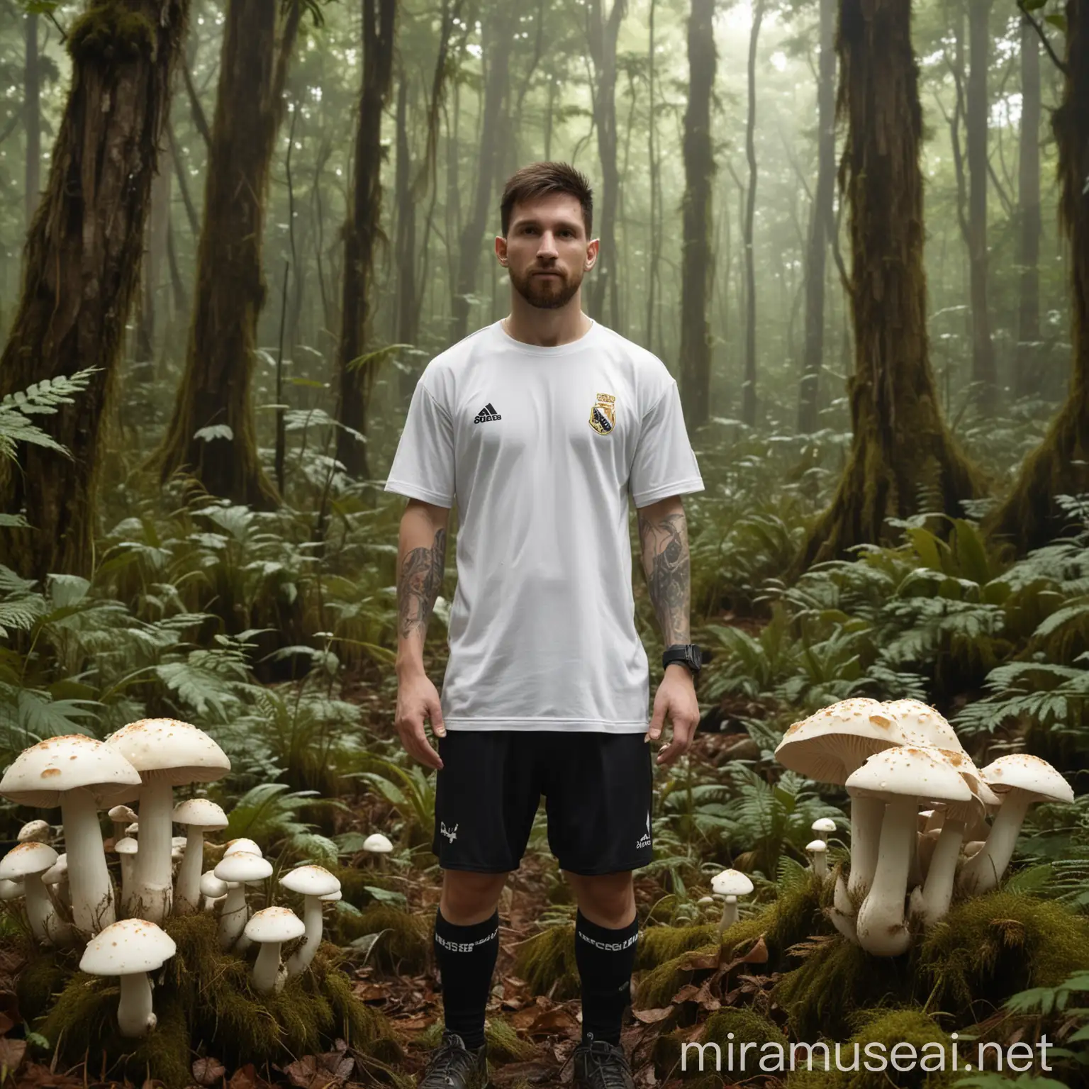 Mushrooms Agaricales all white with scales colour cream in a depp rainforest. ultra hd.  Add a real Messi in the back, With the Argentina football t-shirt and a mate in their hand.