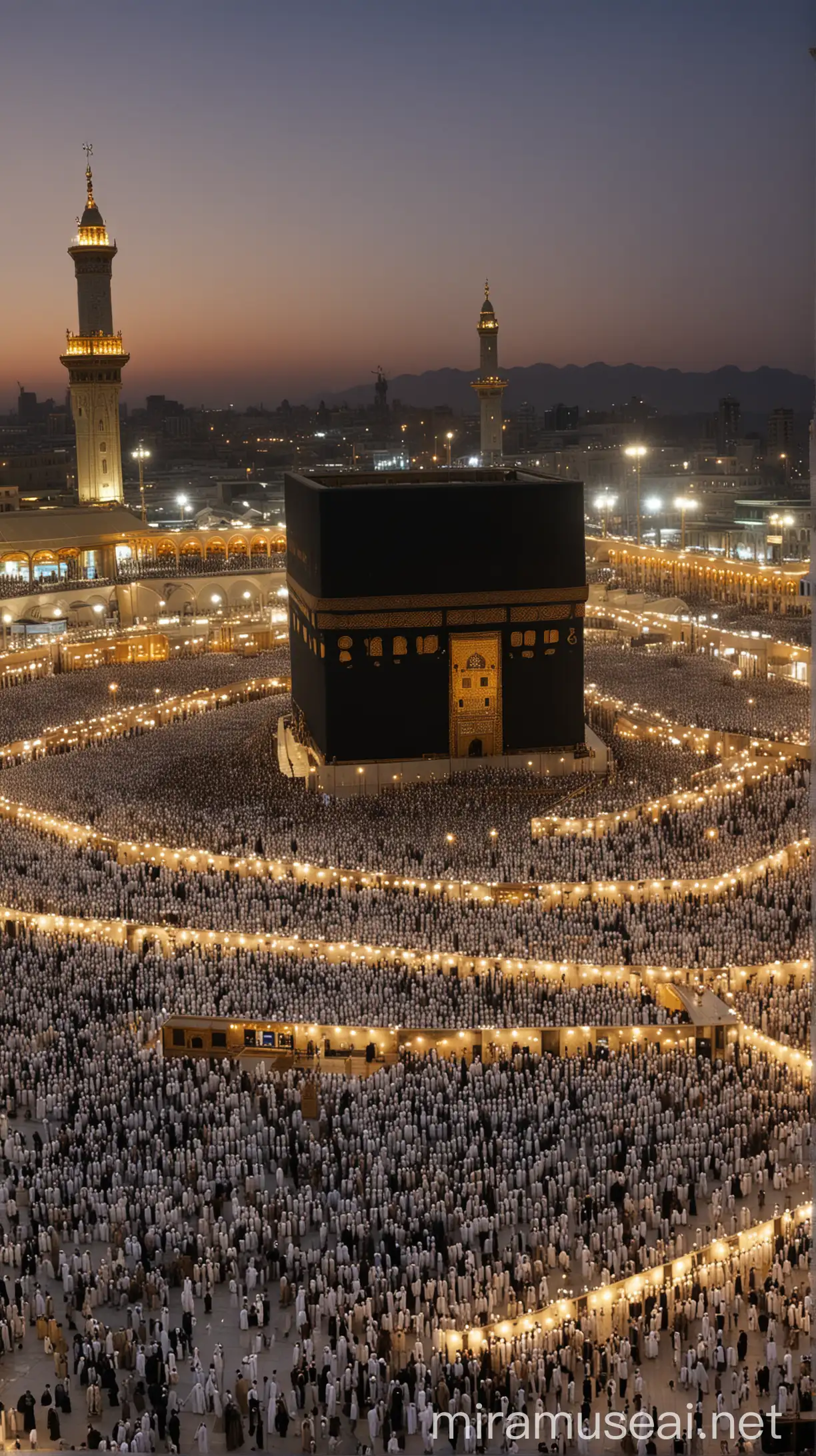 The Kaaba at Dawn:

Description: Capture the serene beauty of the Kaaba, the most sacred site in Islam, illuminated by the soft glow of dawn. Depict the majestic structure surrounded by devout pilgrims circumambulating it in a unified expression of faith. ISLAMIC TRADITION hd AND 4kDONT SHOW THE FACE