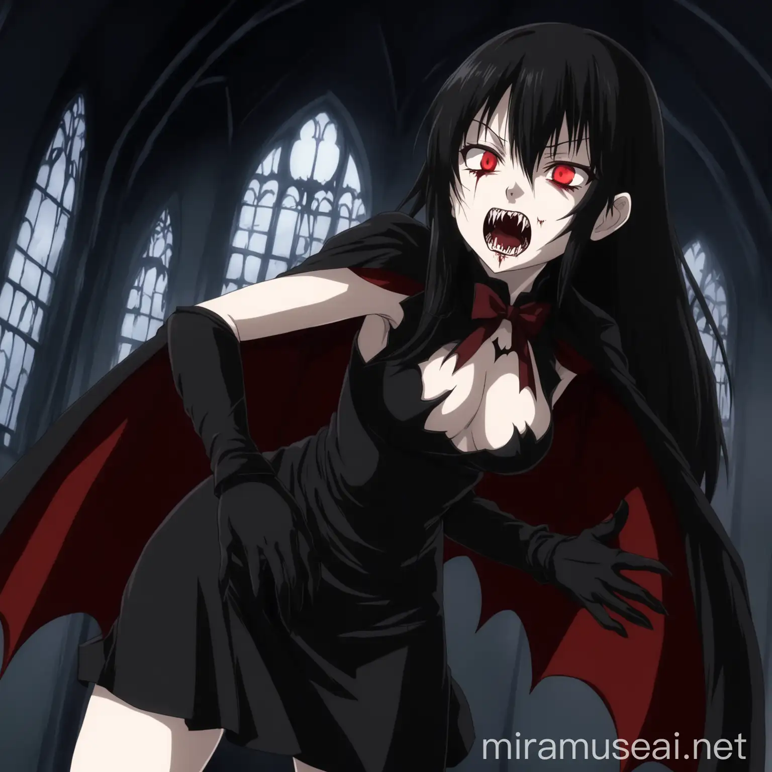 Anime girl in tight black dress with tights and gloves gets bitten and became vampire 