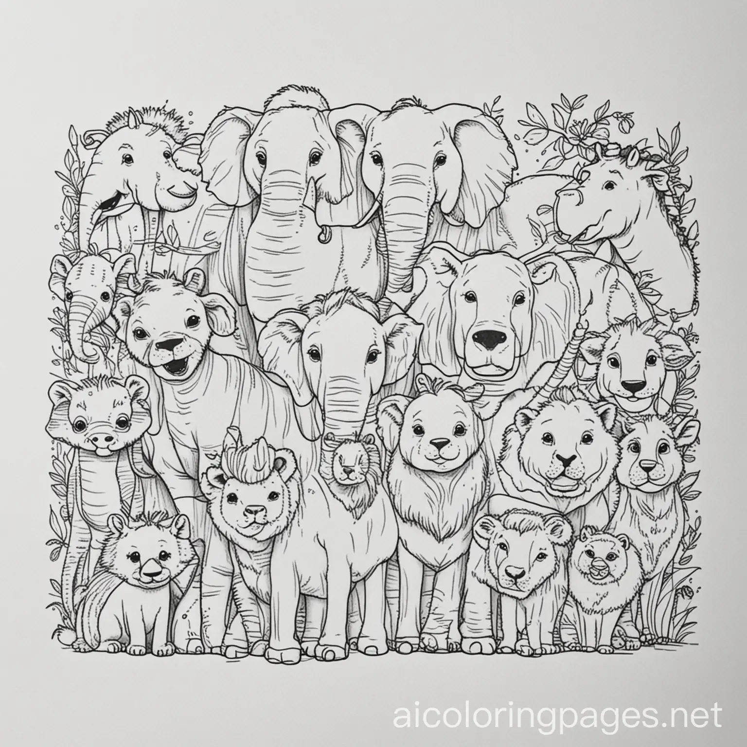 CUTE ZOO ANIMALS, Colouring Page, black and white, line art, white background, Simplicity, Ample White Space. The background of the colouring page is plain white to make it easy for young children to colour within the lines. The outlines of all the subjects are easy to distinguish, making it simple for kids to colour without too much difficulty ,, Coloring Page, black and white, line art, white background, Simplicity, Ample White Space. The background of the coloring page is plain white to make it easy for young children to color within the lines. The outlines of all the subjects are easy to distinguish, making it simple for kids to color without too much difficulty