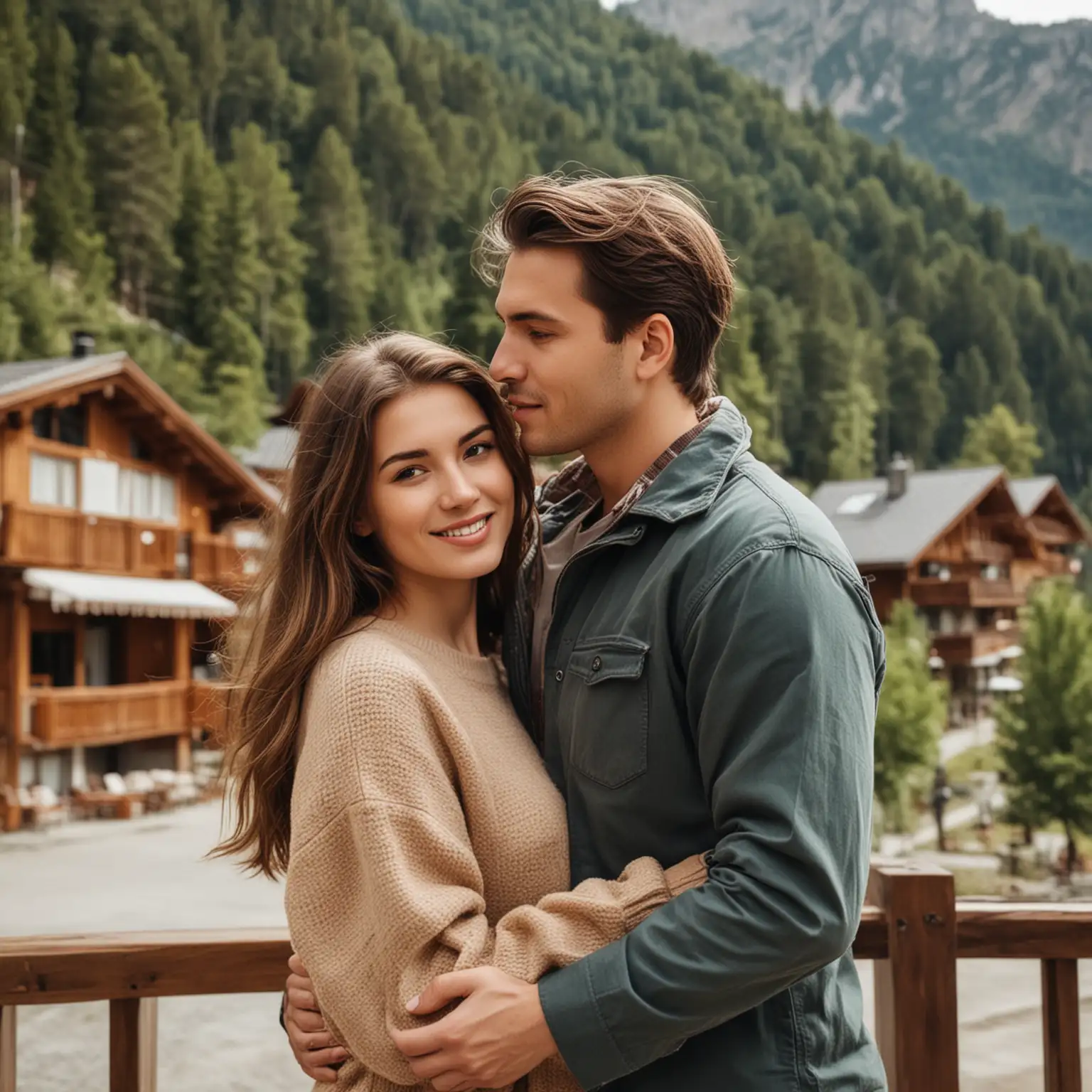 couple in a mountain resort. Both with brown hair