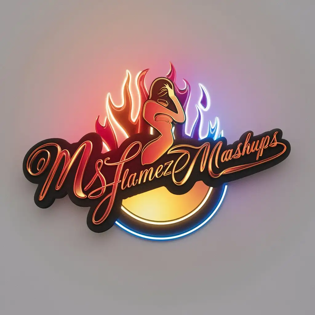 a logo design,with the text 'MsFlamez Mashups', main symbol: Black outline, red,purple,blue,orange,sexy, cursive, fire colors, realistic fire, glow, neon, 3d, clear background, Minimalistic, clear background