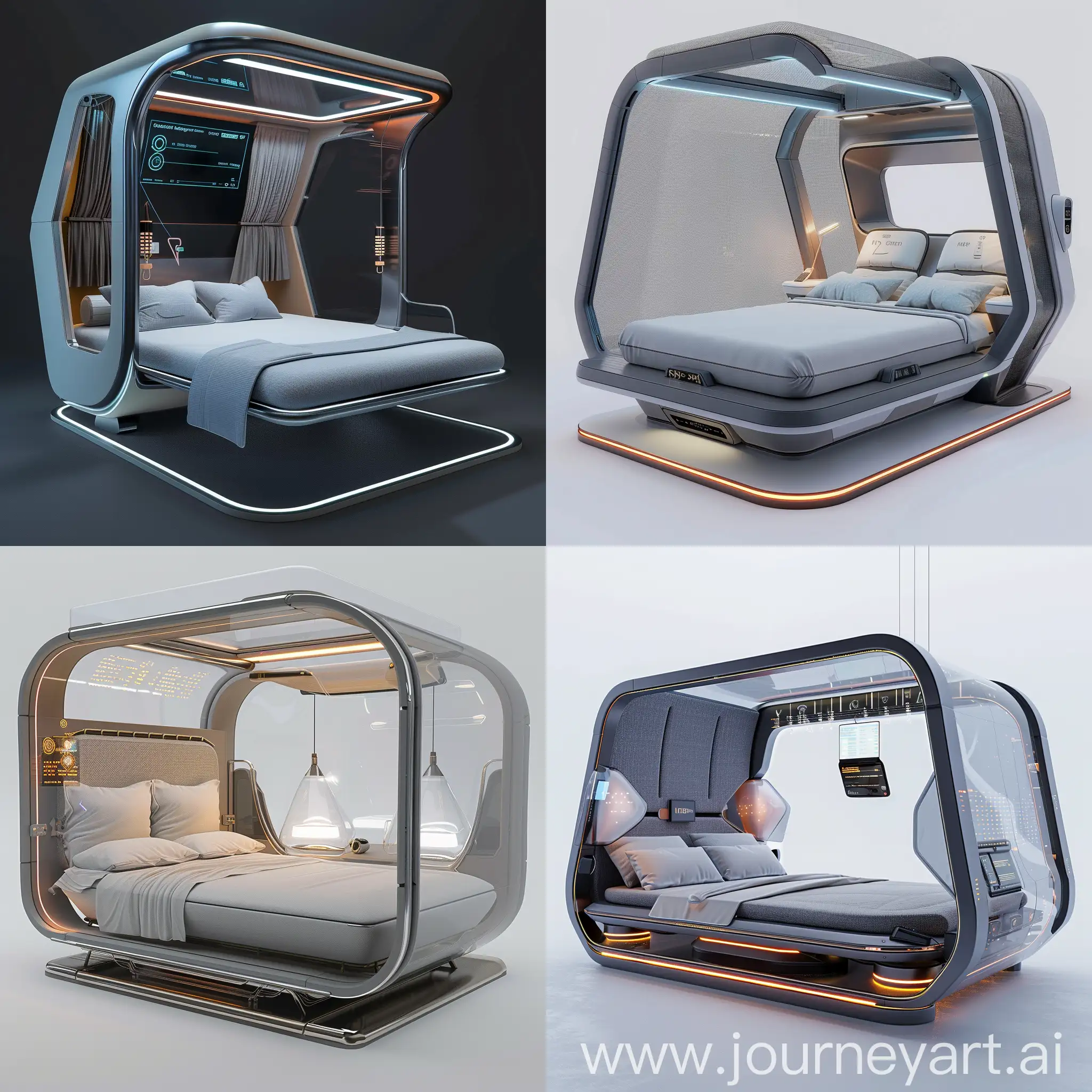 Futuristic bed, in futuristic style, Biometric Sensors, Smart Fabric, Climate Control System, Adjustable Firmness, Embedded Speakers, Wireless Charging, AI Sleep Coach, Integrated Lighting, Massage Functionality, Automatic Adjustment, Smart Headboard Display, Voice Control Integration, Augmented Reality Projection, Embedded Ambient Sensors, Wireless Connectivity Hub, Gesture Control Interface, Biometric Authentication, Integrated Sleep Tracking Cameras, Modular Design Elements, Self-Cleaning Materials, Carbon Fiber Frame, Aerogel Insulation, Graphene Foam, Hollow-core Structure, Air Bladder Technology, Titanium Alloy Springs, Memory Foam Alternatives, Nano-fiber Fabric Cover, Inflatable Support Pods, Multi-layered Composite Construction, Aluminum Alloy Frame, Carbon Fiber Accents, Slim Profile Headboard, Foldable Design, Magnetic Attachment Panels, Transparent Canopy, Fabric Accent Panels, LED Accent Lighting, Integrated Storage Solutions, Minimalist Design Aesthetics, unreal engine 5 --stylize 1000